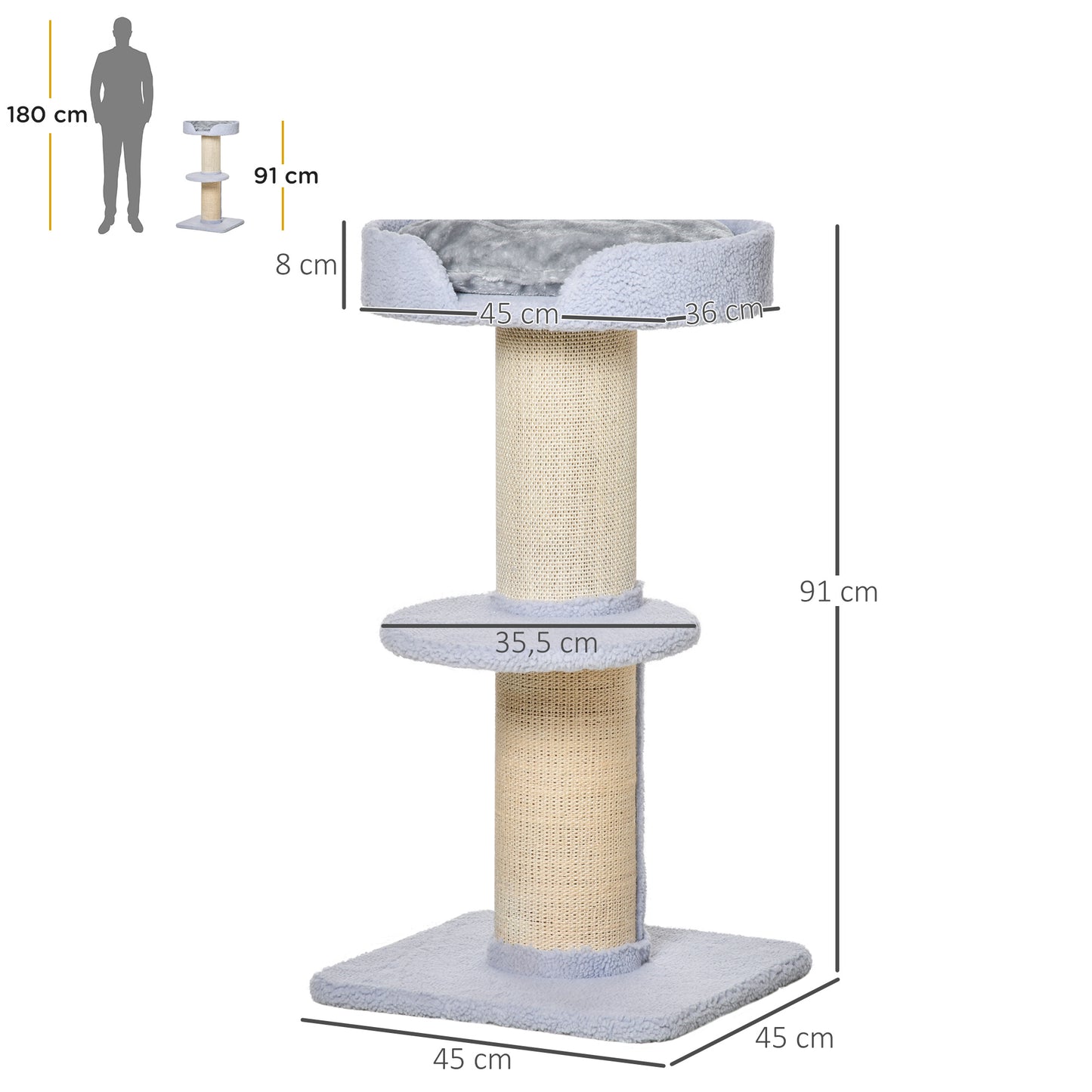 PawHut Árbol Rascador para Gatos Altura 91 cm Árbol para Gatos Torre para Gatos de 3 Niveles con Nido Plataforma y Poste de Sisal 45x45x91 cm Azul Claro