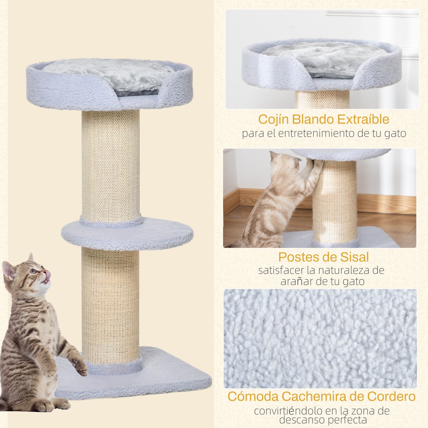 PawHut Árbol Rascador para Gatos Altura 91 cm Árbol para Gatos Torre para Gatos de 3 Niveles con Nido Plataforma y Poste de Sisal 45x45x91 cm Azul Claro