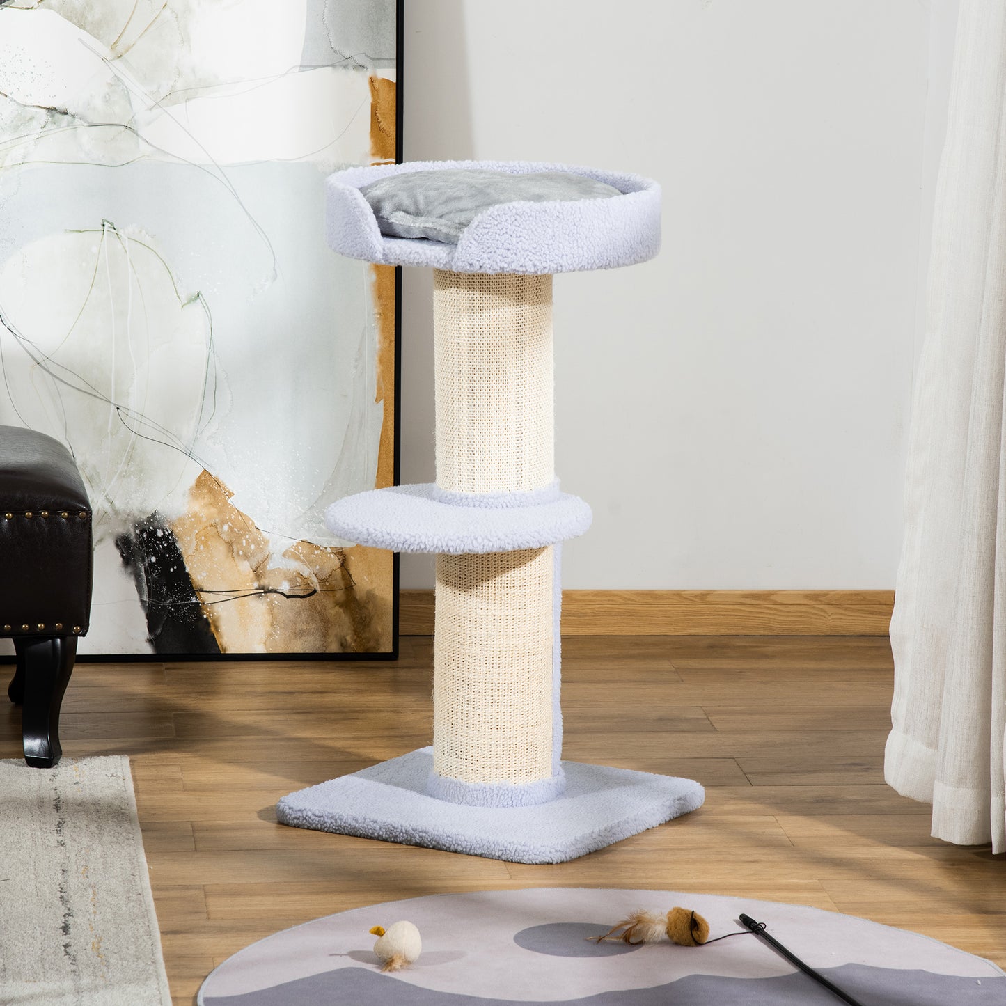 PawHut Árbol Rascador para Gatos Altura 91 cm Árbol para Gatos Torre para Gatos de 3 Niveles con Nido Plataforma y Poste de Sisal 45x45x91 cm Azul Claro