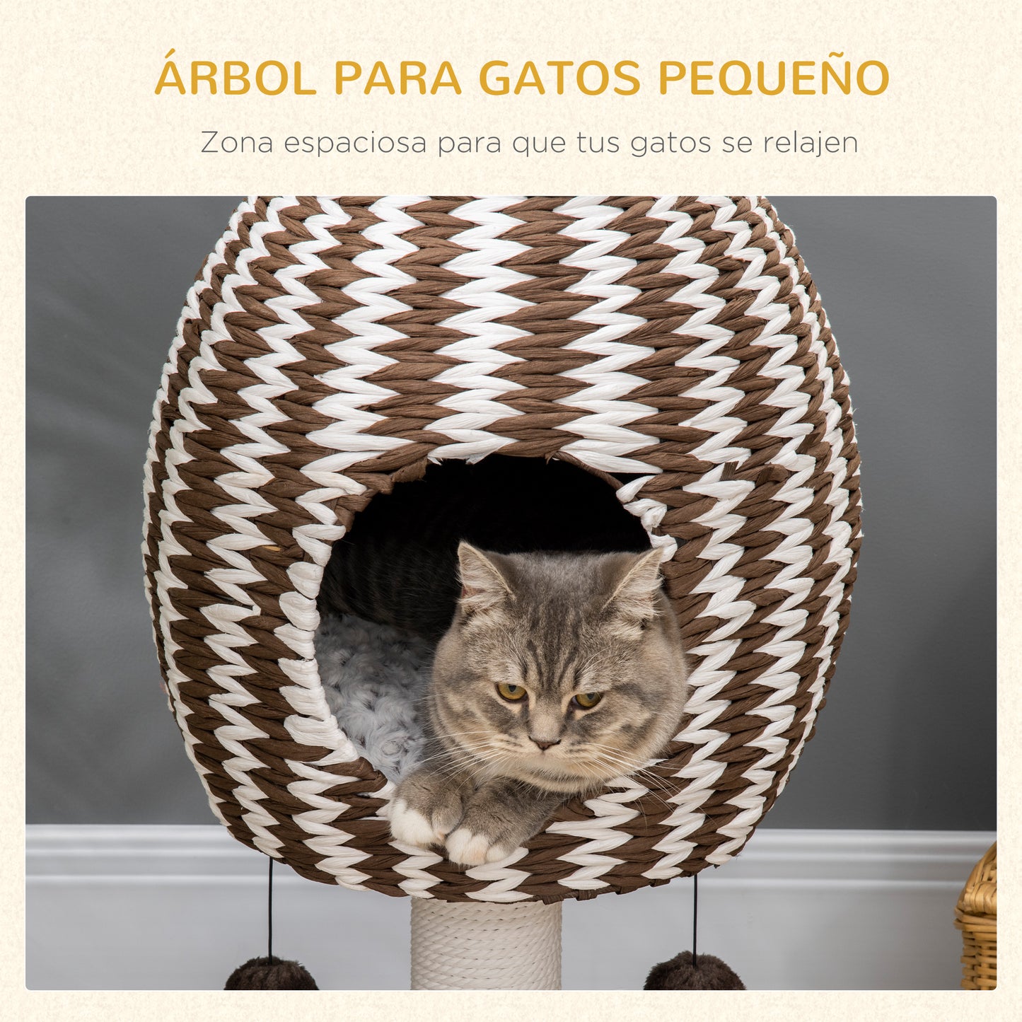 PawHut Árbol Rascador para Gatos Altura 67 cm Torre para Gatos con Cueva de Felpa Cojín Desmontable Bolas Colgantes y Poste 40x40x67 cm Café