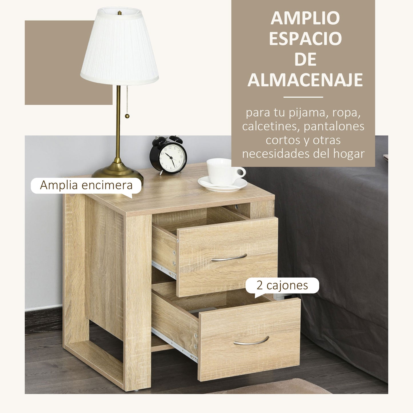 HOMCOM Conjunto de 2 Mesitas de Noche Mesillas de Noche con Cajones y Estilo Moderno Mesas Auxiliares para Dormitorio Salón 48x39x54 cm Natural