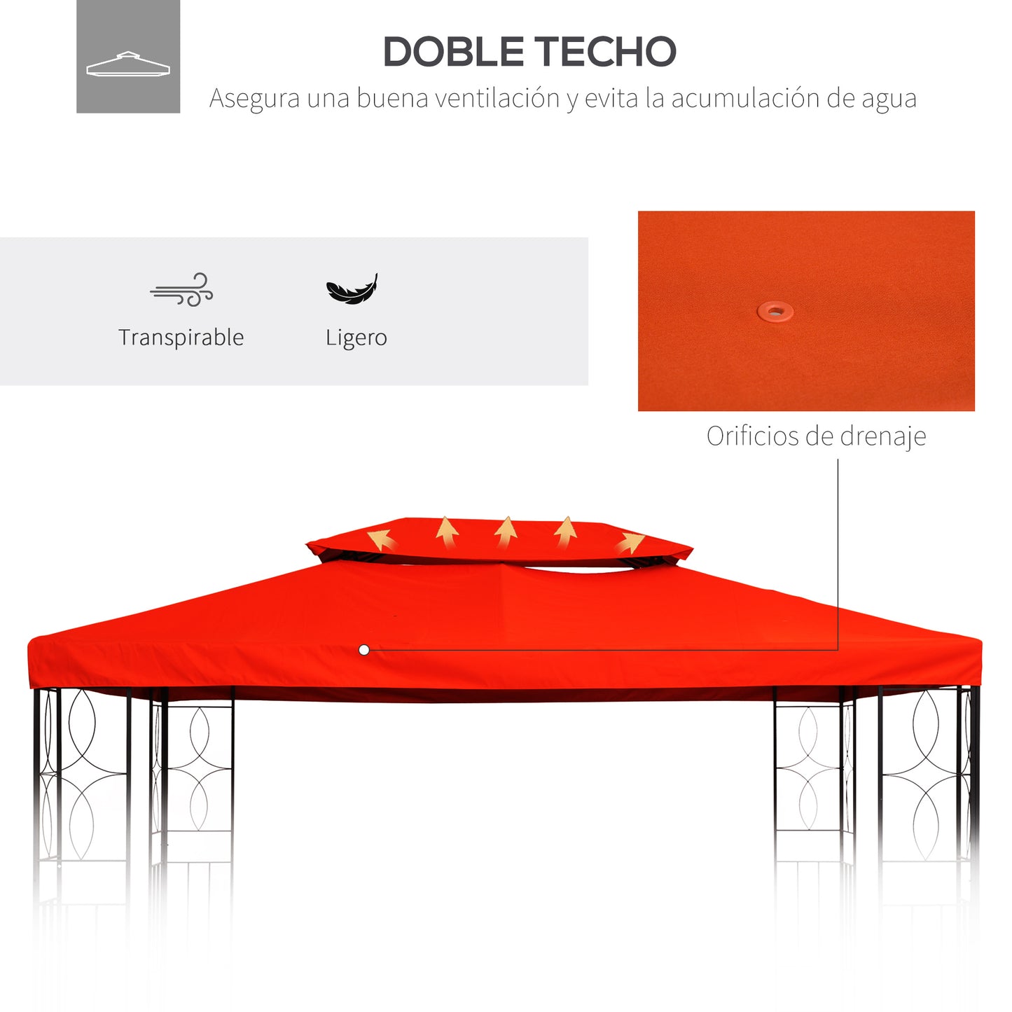 Outsunny Techo de Repuesto 4x3 m para Cenador de Jardín 2 Niveles Transpirable con 10 Orificios de Drenaje Cubierta de Repuesto de Gazebo Pabellón Exterior Rojo