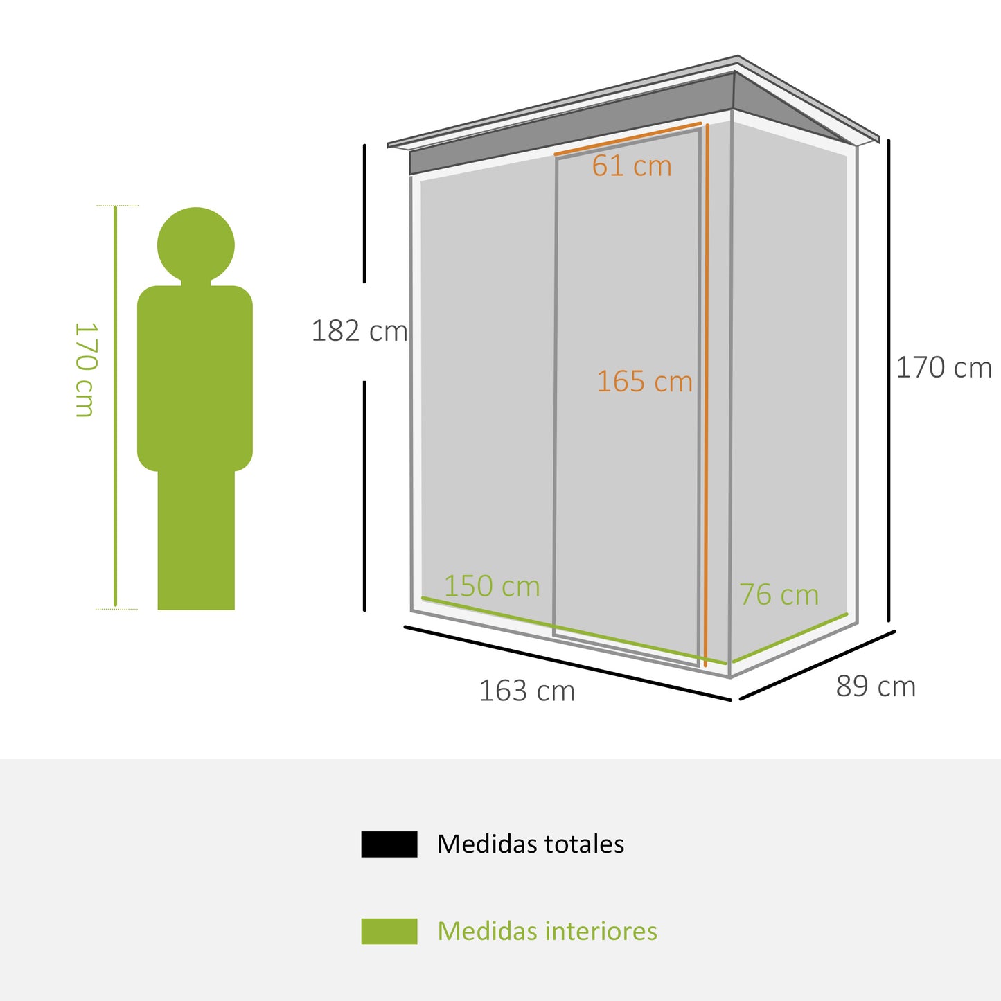 Outsunny Cobertizo de Jardín Exterior 1,16 m² 163x89x182 cm Caseta Metálica para Herramientas con Puerta Corredera y Techo Inclinado para Terraza Patio Negro