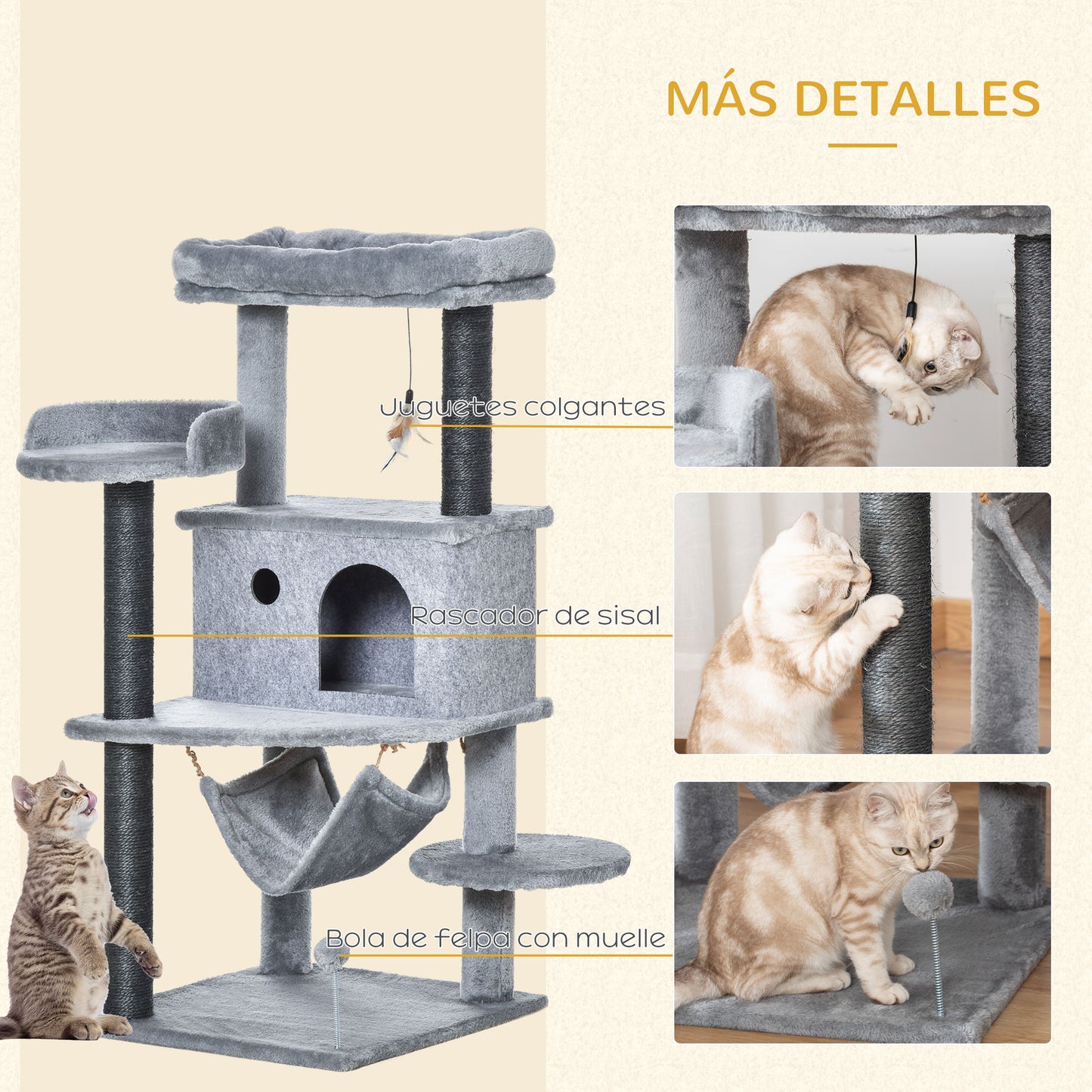 PawHut Árbol Rascador para Gatos 48x48x107 cm Torre para Gatos con Cueva de Fieltro Desmontable Hamaca Camas de Felpa Múltiples Plataformas Postes de Sisal y Juguetes Gris