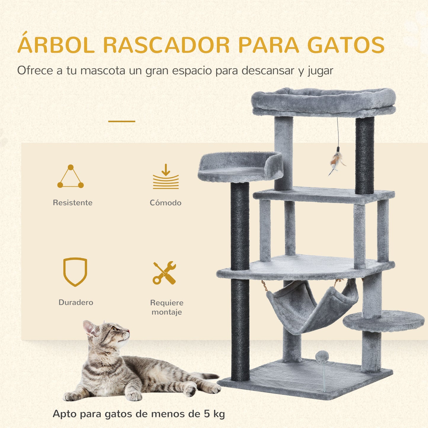 PawHut Árbol Rascador para Gatos 48x48x107 cm Torre para Gatos con Cueva de Fieltro Desmontable Hamaca Camas de Felpa Múltiples Plataformas Postes de Sisal y Juguetes Gris