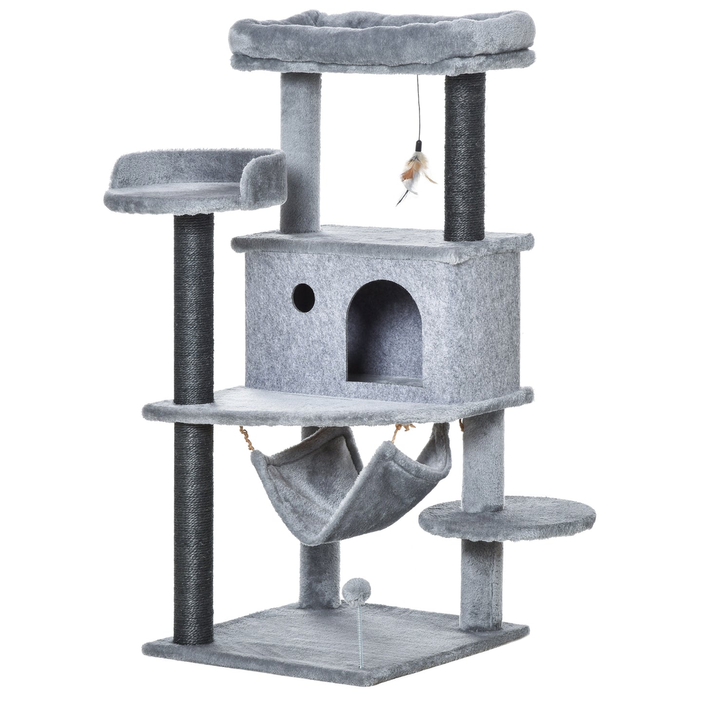 PawHut Árbol Rascador para Gatos 48x48x107 cm Torre para Gatos con Cueva de Fieltro Desmontable Hamaca Camas de Felpa Múltiples Plataformas Postes de Sisal y Juguetes Gris