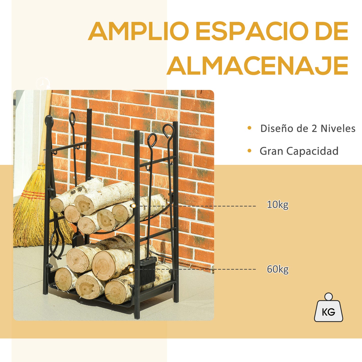 Outsunny Estante de Leña para Chimenea 44,5x29,5x73 cm Soporte para Leña de 2 Niveles Leñero Exterior e Interior Metálico con 4 Herramientas Carga Máx. 70 kg Negro