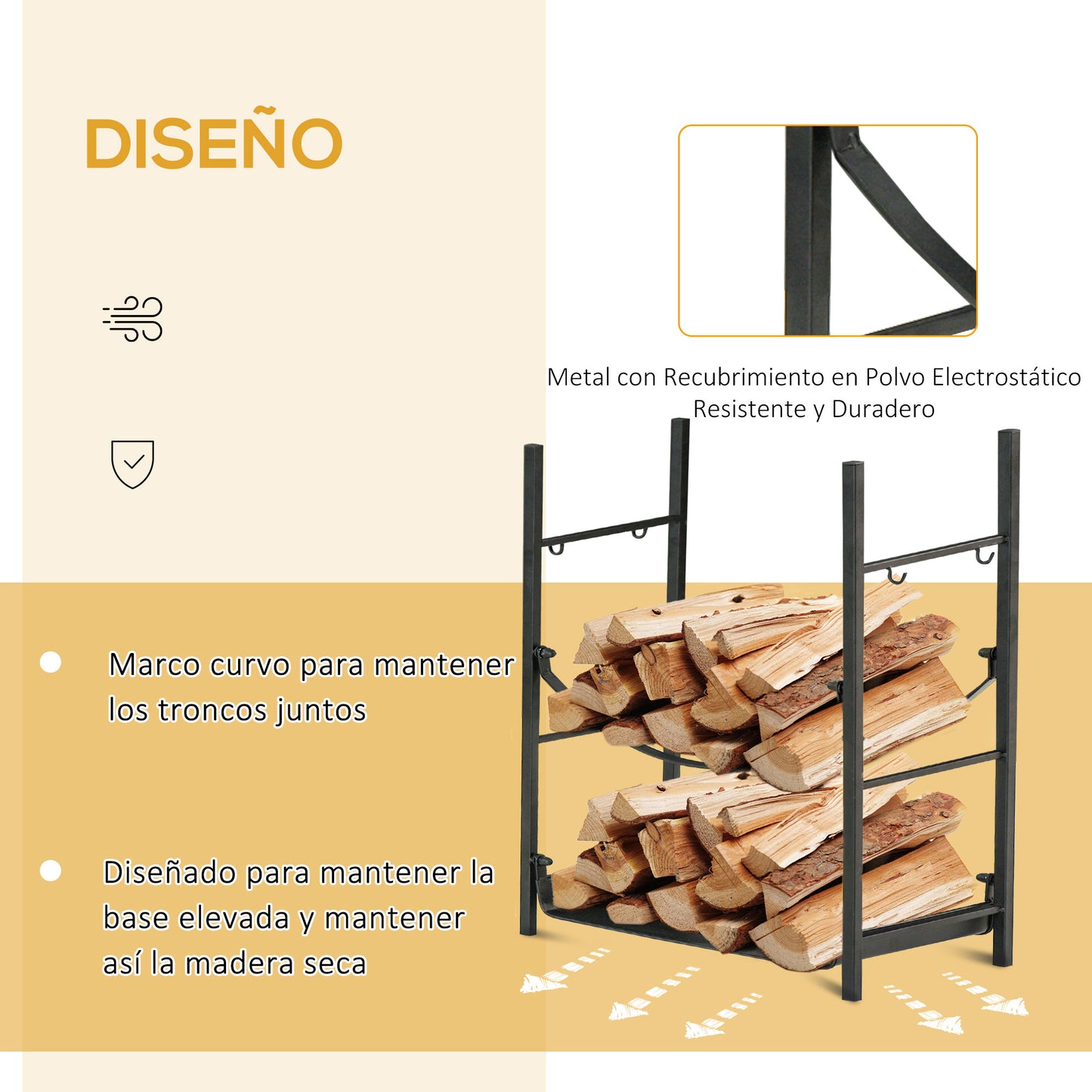 Outsunny Estante de Leña para Chimenea 44,5x29,5x73 cm Soporte para Leña de 2 Niveles Leñero Exterior e Interior Metálico con 4 Herramientas Carga Máx. 70 kg Negro