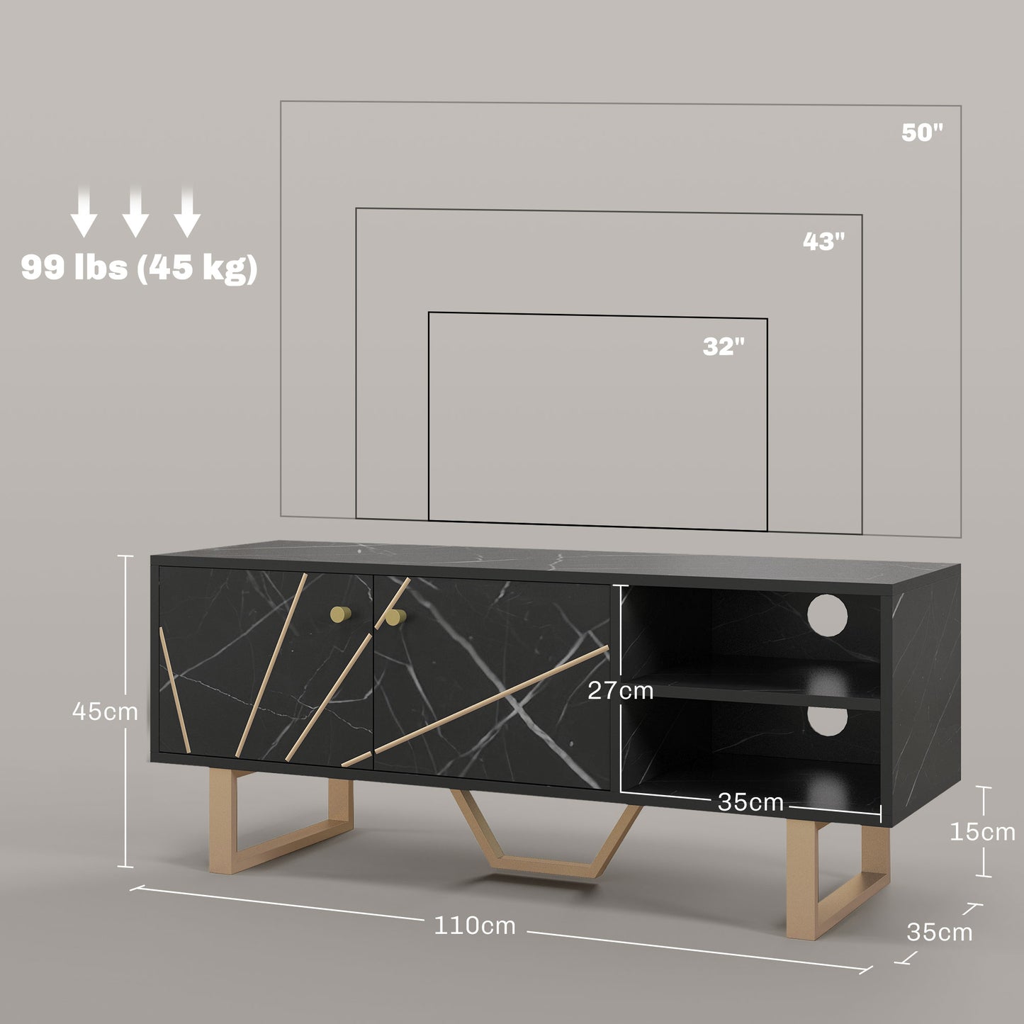 HOMCOM Mueble de TV Mesa de TV con 2 Puertas Estante Ajustable y Efecto Mármol Mueble de TV para Salón para Televisores de 50 Pulgadas Negro y Dorado