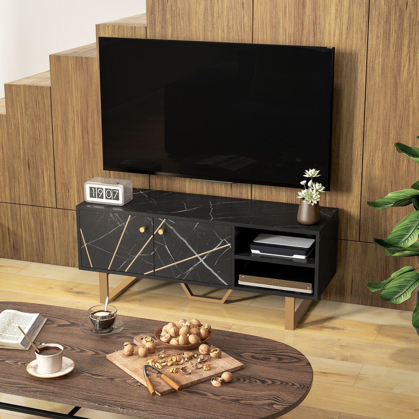 HOMCOM Mueble de TV Mesa de TV con 2 Puertas Estante Ajustable y Efecto Mármol Mueble de TV para Salón para Televisores de 50 Pulgadas Negro y Dorado