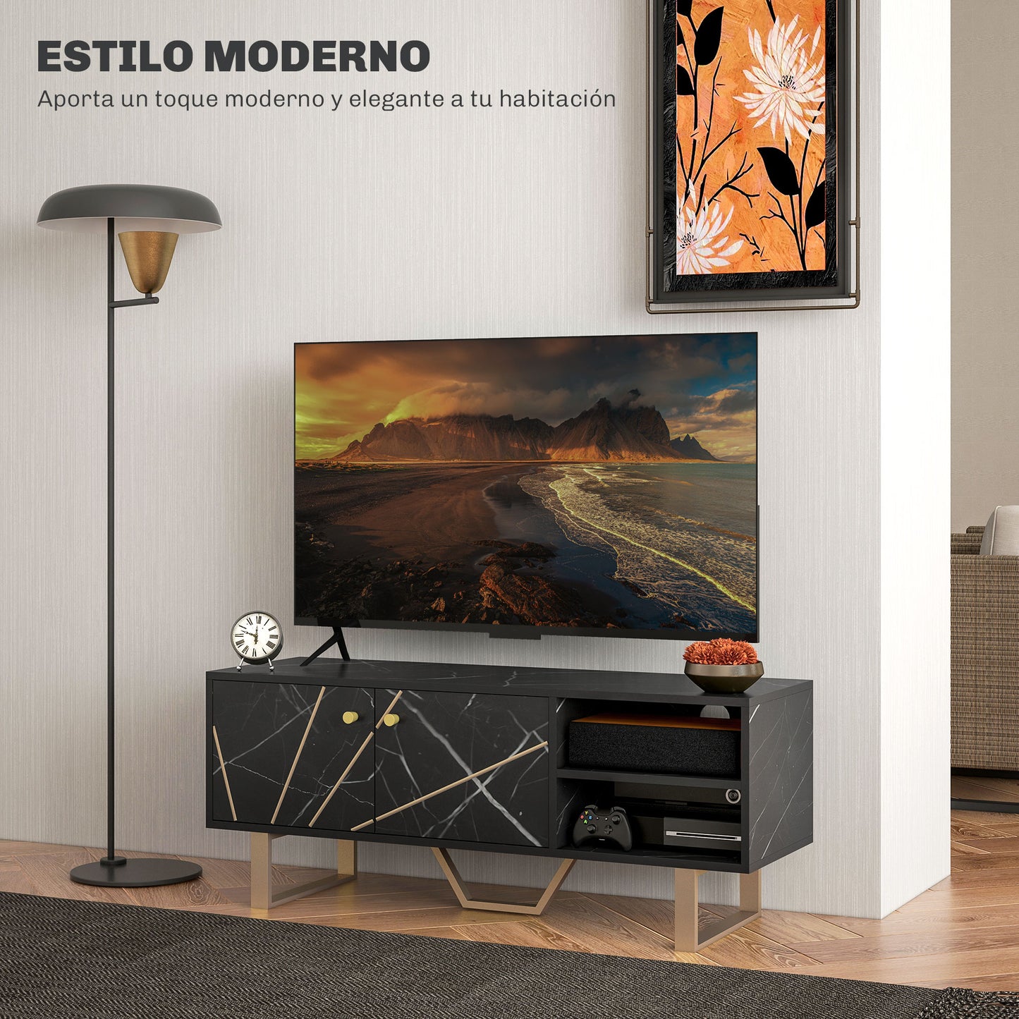 HOMCOM Mueble de TV Mesa de TV con 2 Puertas Estante Ajustable y Efecto Mármol Mueble de TV para Salón para Televisores de 50 Pulgadas Negro y Dorado