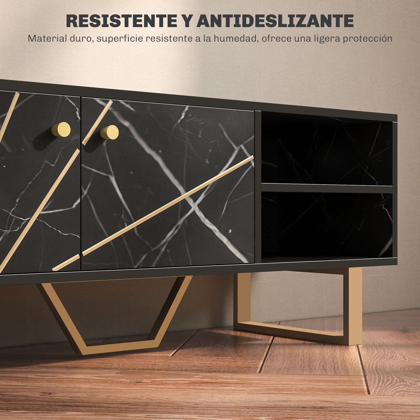 HOMCOM Mueble de TV Mesa de TV con 2 Puertas Estante Ajustable y Efecto Mármol Mueble de TV para Salón para Televisores de 50 Pulgadas Negro y Dorado