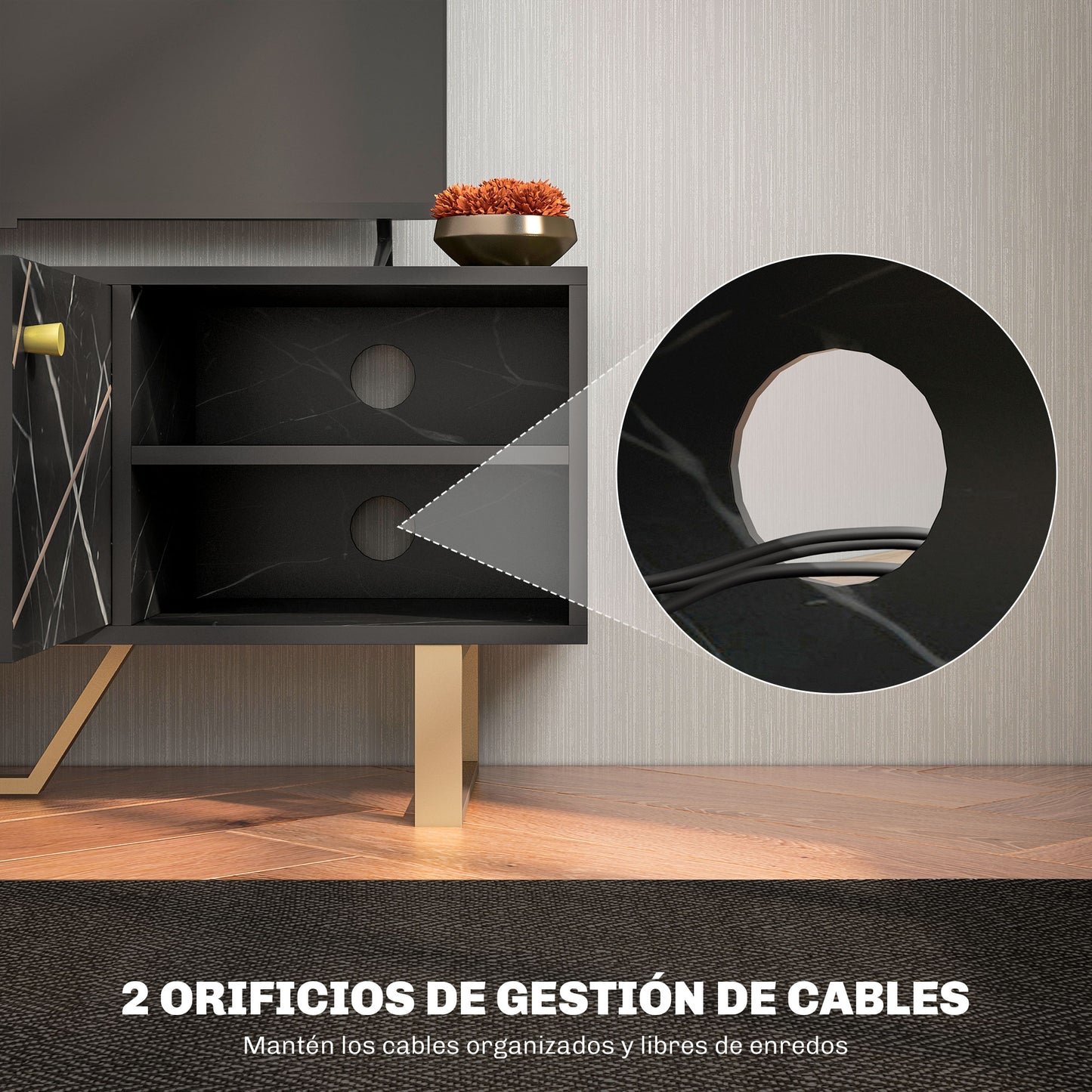 HOMCOM Mueble de TV Mesa de TV con 2 Puertas Estante Ajustable y Efecto Mármol Mueble de TV para Salón para Televisores de 50 Pulgadas Negro y Dorado