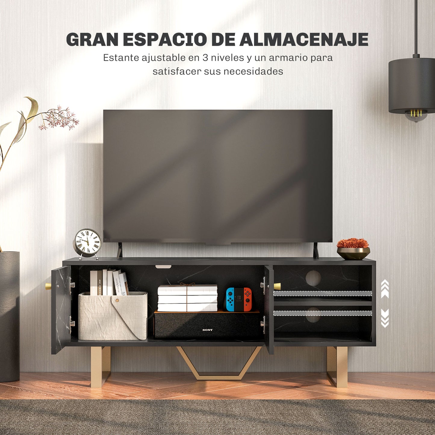 HOMCOM Mueble de TV Mesa de TV con 2 Puertas Estante Ajustable y Efecto Mármol Mueble de TV para Salón para Televisores de 50 Pulgadas Negro y Dorado