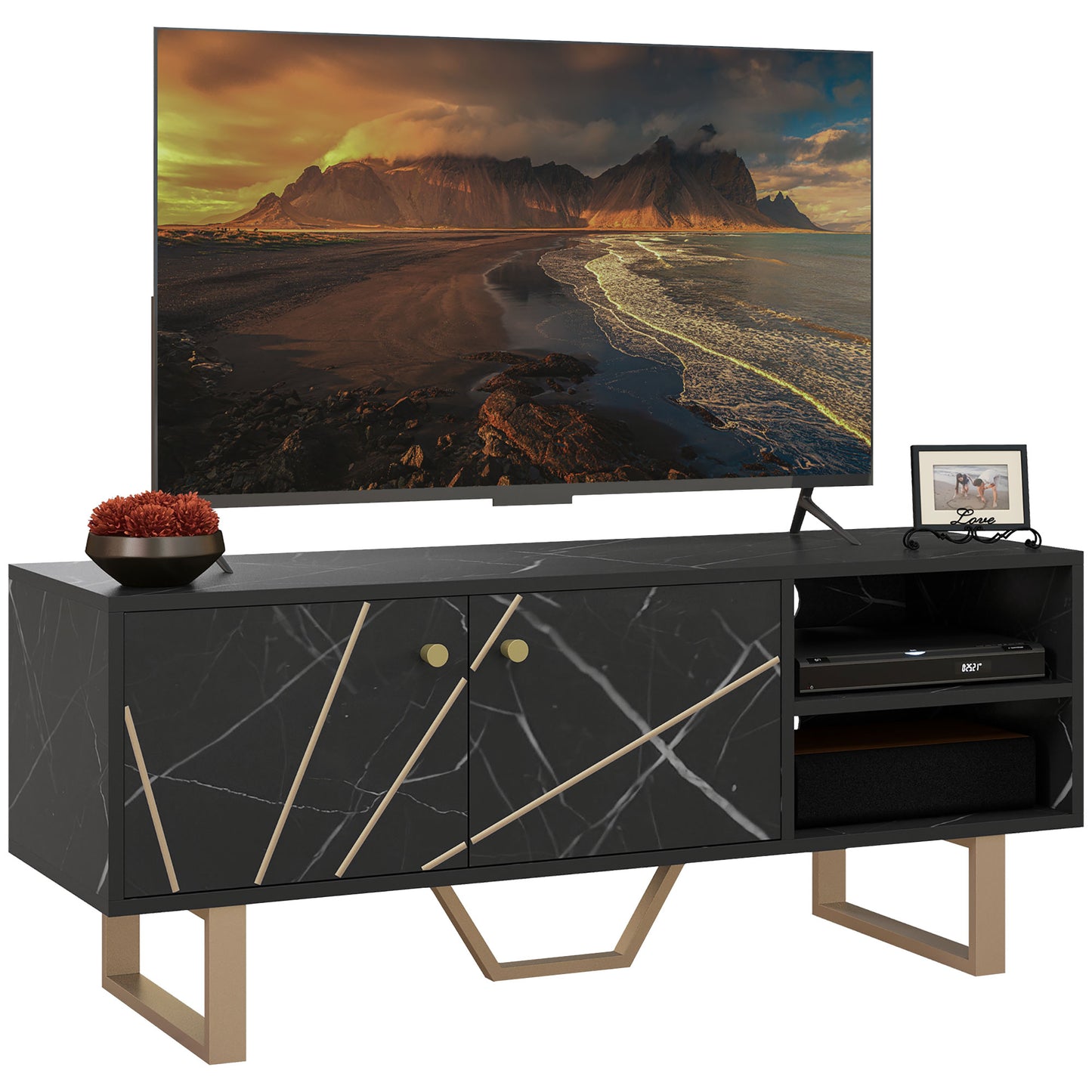 HOMCOM Mueble de TV Mesa de TV con 2 Puertas Estante Ajustable y Efecto Mármol Mueble de TV para Salón para Televisores de 50 Pulgadas Negro y Dorado