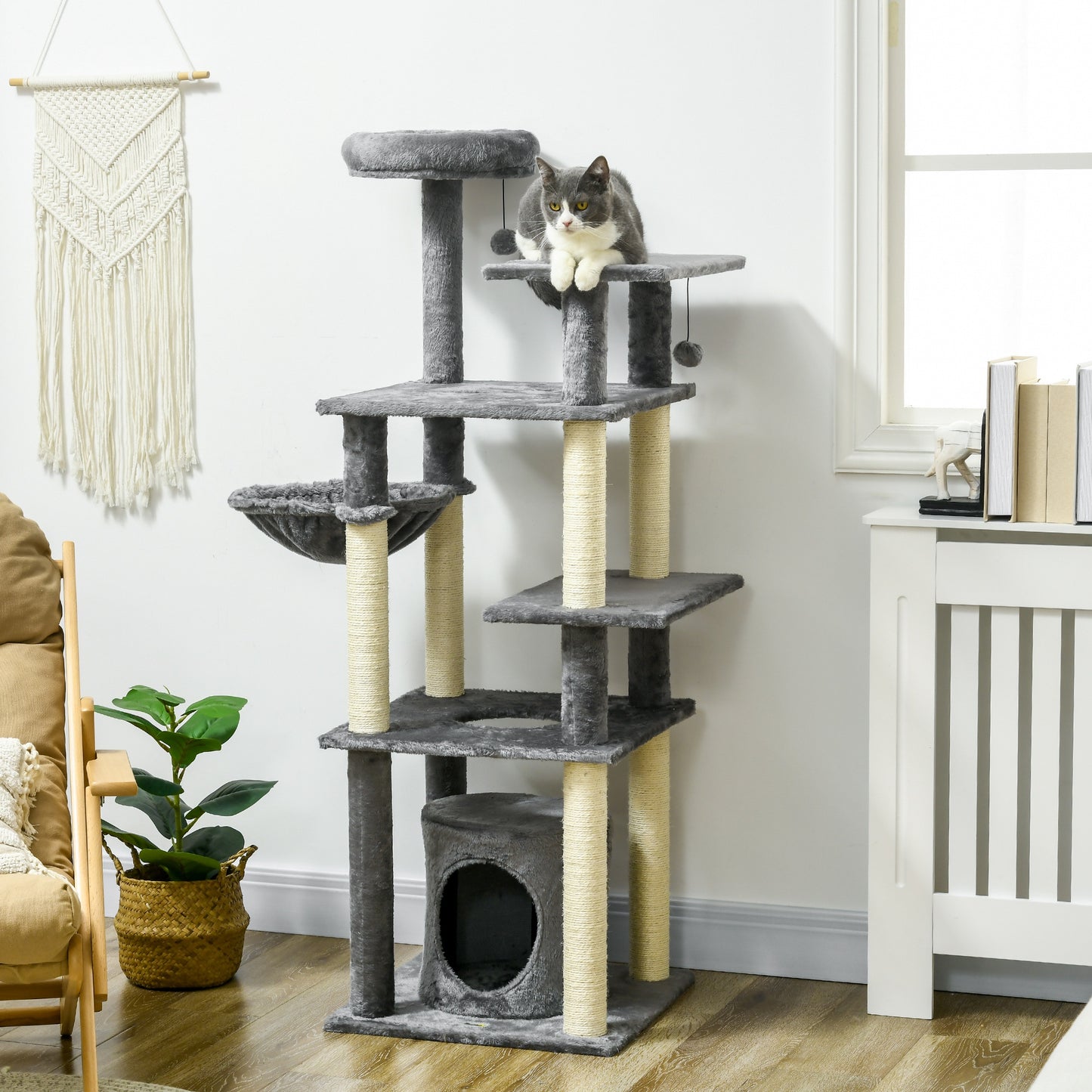 PawHut Árbol Rascador para Gatos de 144 cm Torre para Gatos con 4 Formas Postes para Rascar Cama Cueva Plataformas Hamaca y Bolas Colgantes 49x49x144 cm Gris