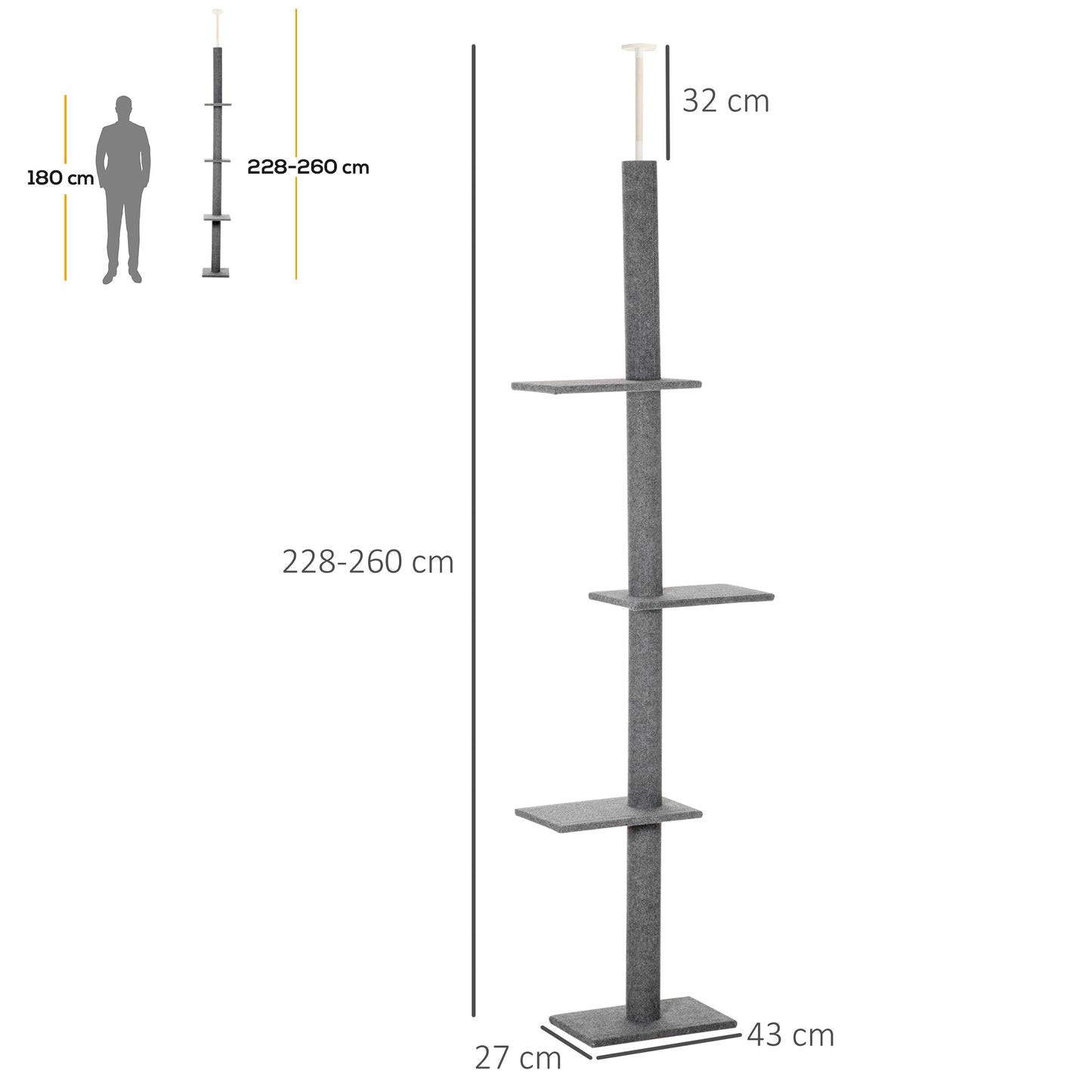 PawHut Árbol para Gatos del Suelo al Techo 43x27x228-260 cm Torre para Gatos con Altura Ajustable 4 Plataformas Espaciosas y Poste de Sisal Gris