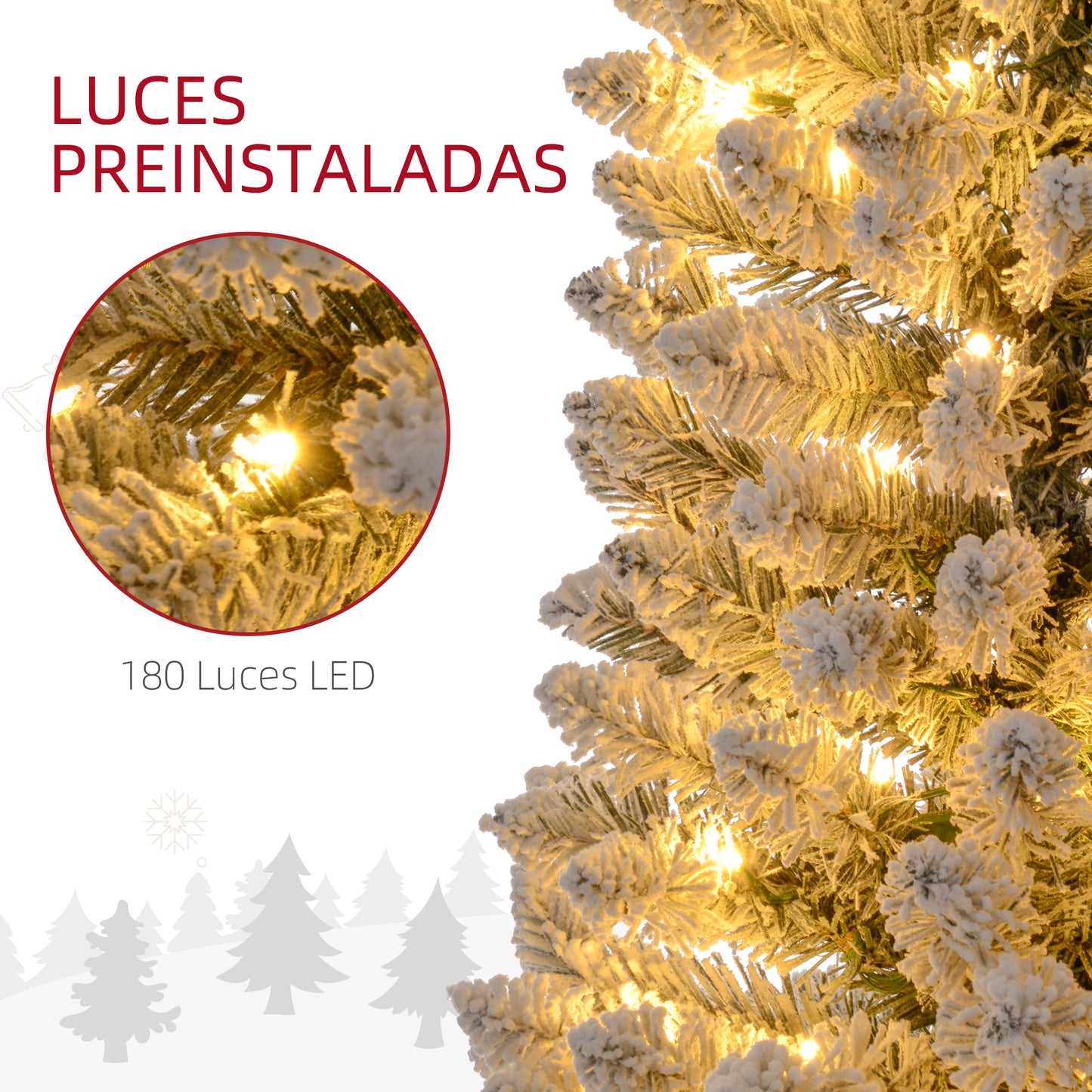 HOMCOM Árbol de Navidad 210 cm Árbol de Navidad Artificial Nevado con 180 Luces LED 405 Ramas y Soporte de Metal Árbol de Navideño para Salón Verde y Blanco