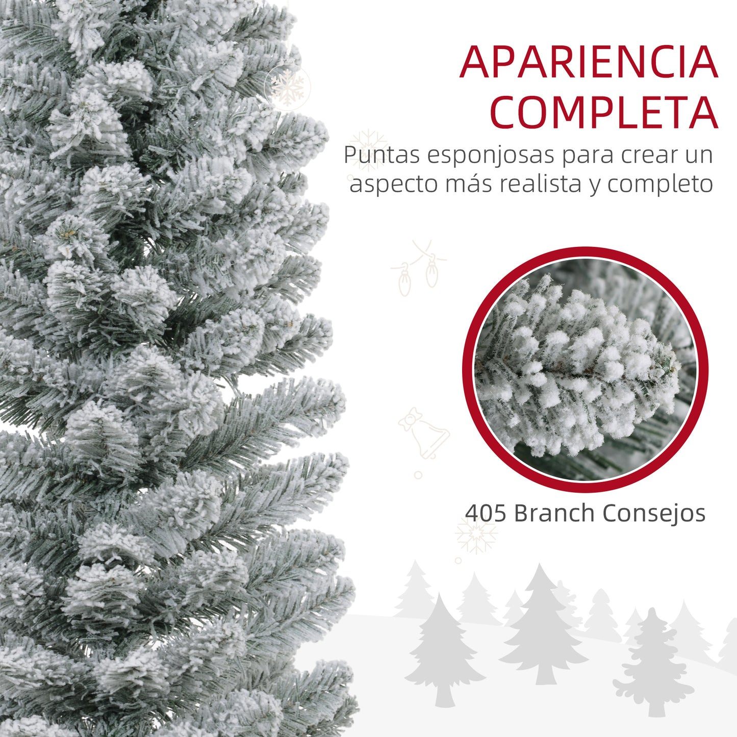 HOMCOM Árbol de Navidad 210 cm Árbol de Navidad Artificial Nevado con 180 Luces LED 405 Ramas y Soporte de Metal Árbol de Navideño para Salón Verde y Blanco