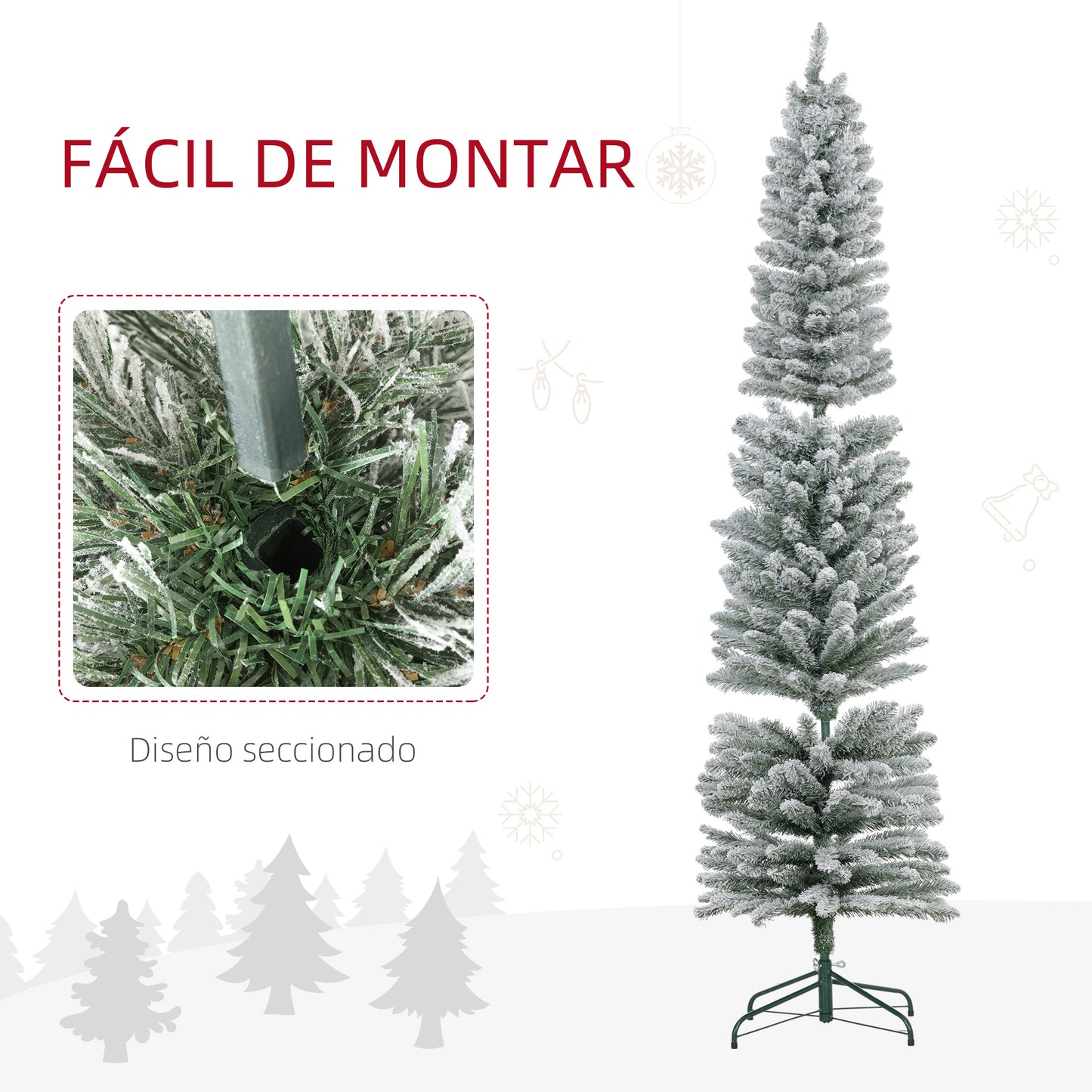 HOMCOM Árbol de Navidad 210 cm Árbol de Navidad Artificial Nevado con 180 Luces LED 405 Ramas y Soporte de Metal Árbol de Navideño para Salón Verde y Blanco