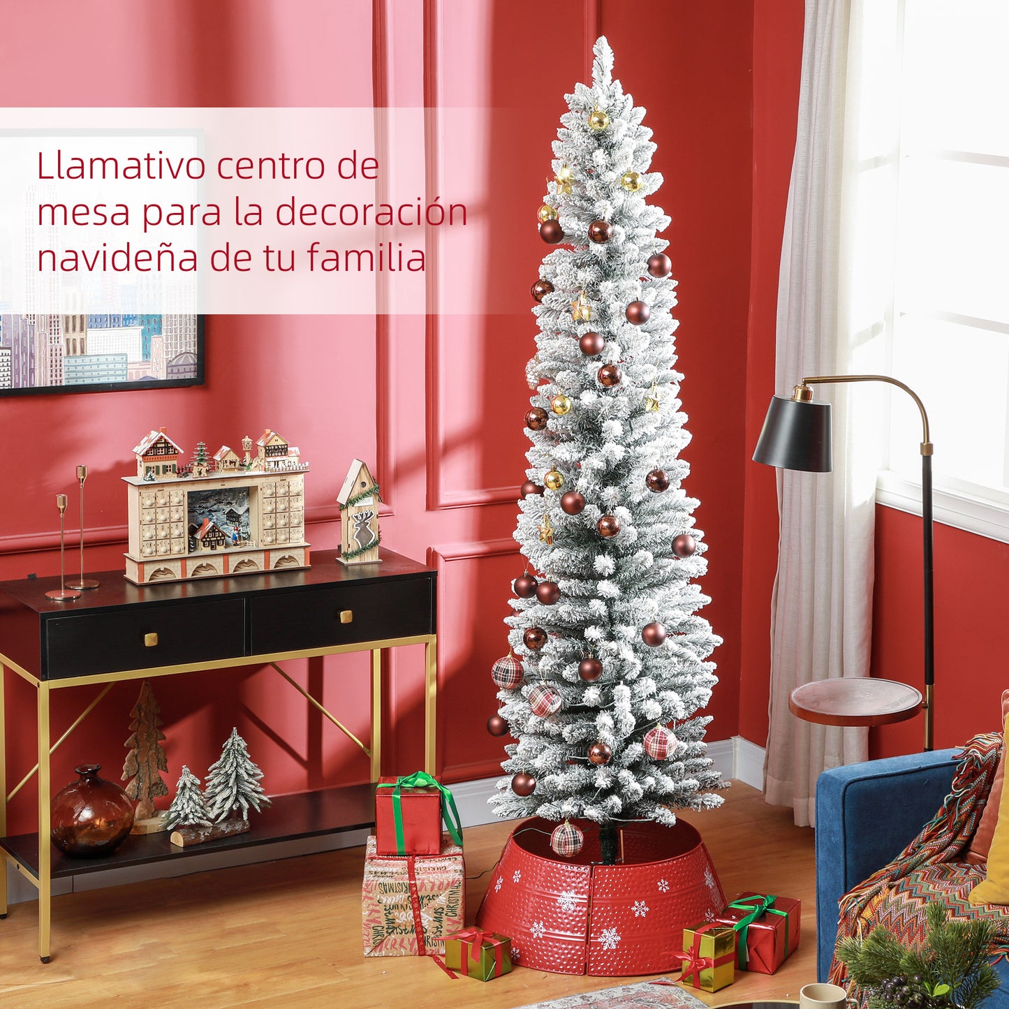 HOMCOM Árbol de Navidad 210 cm Árbol de Navidad Artificial Nevado con 180 Luces LED 405 Ramas y Soporte de Metal Árbol de Navideño para Salón Verde y Blanco