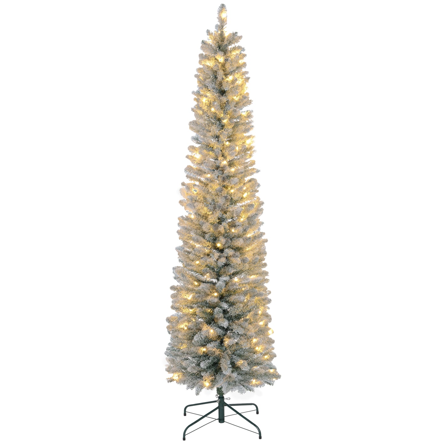 HOMCOM Árbol de Navidad 210 cm Árbol de Navidad Artificial Nevado con 180 Luces LED 405 Ramas y Soporte de Metal Árbol de Navideño para Salón Verde y Blanco