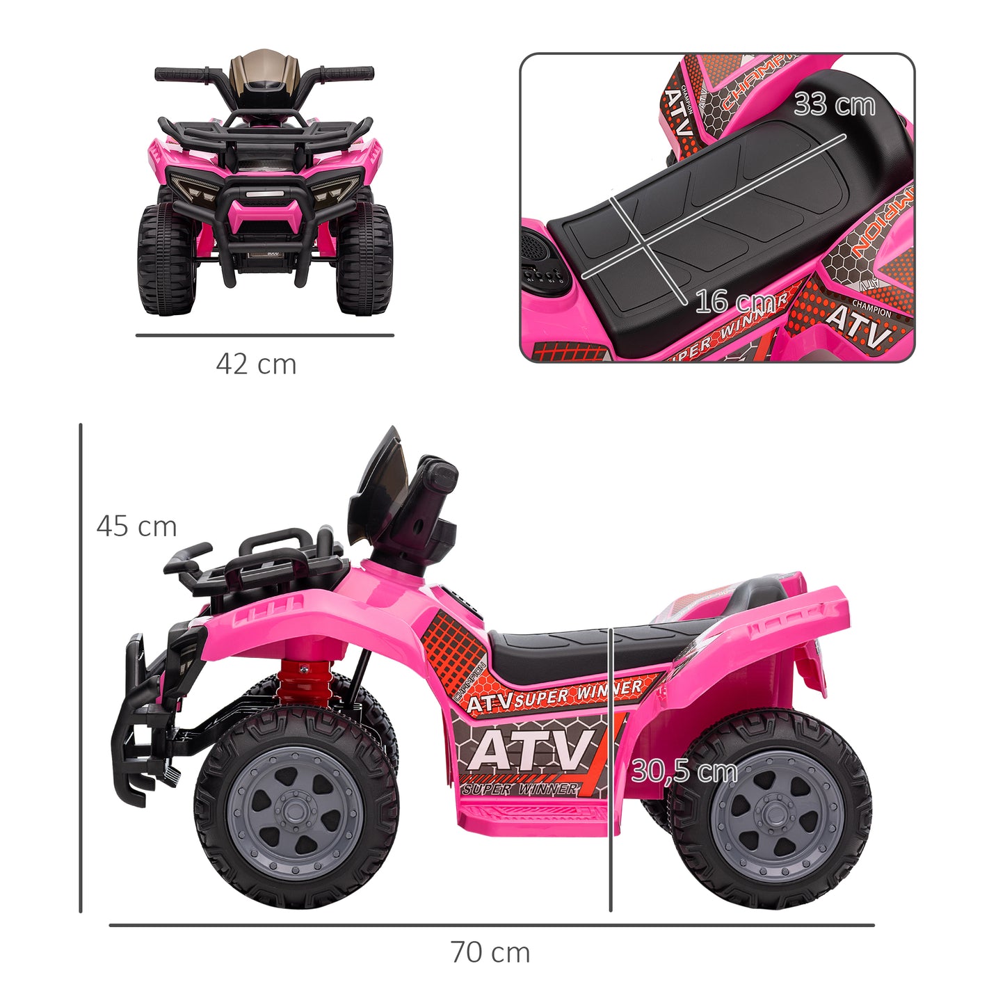 HOMCOM Quad Eléctrico para Niños de +18 Meses Vehículo Eléctrico a Batería 6V Infantil con Velocidad de 2 km/h y Avance 70x42x45 cm Rosa