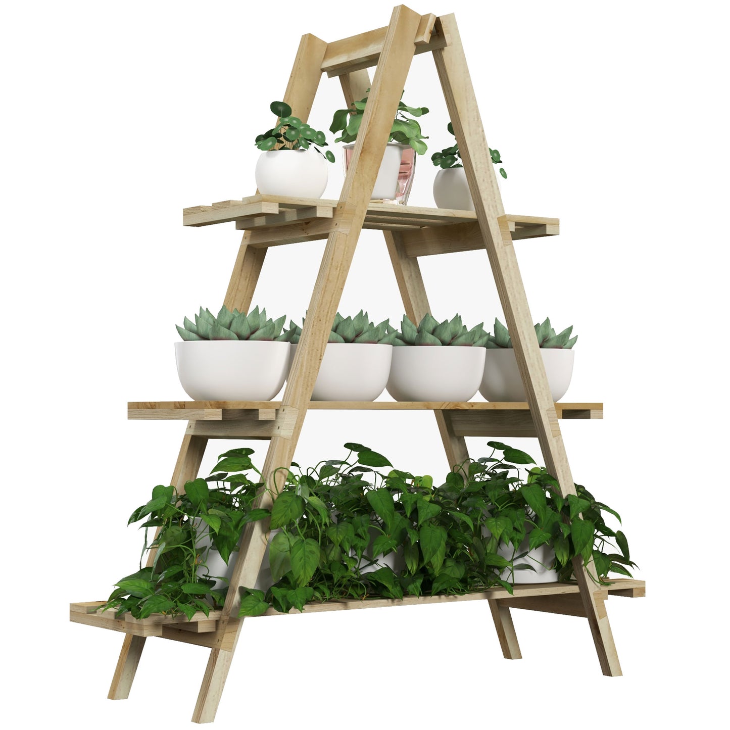 Outsunny Estantería para Plantas Plegable de Madera Soporte para Macetas de 3 Niveles con Marco en A para Exteriores Interiores Salón Jardín Balcón 100x36x112 cm Natural