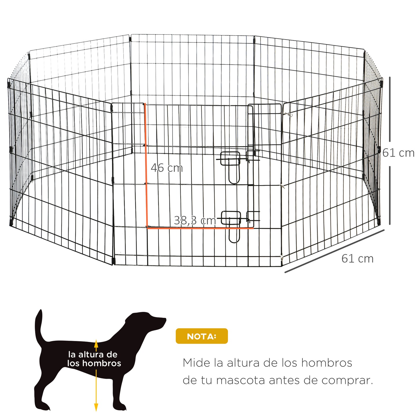 PawHut Parque de Juegos para Perros 8 Paneles 61x61 cm Plegables Jaula Metálica para Mascotas con Puerta y Doble Cerradura para Jardín Patio Exterior Negro