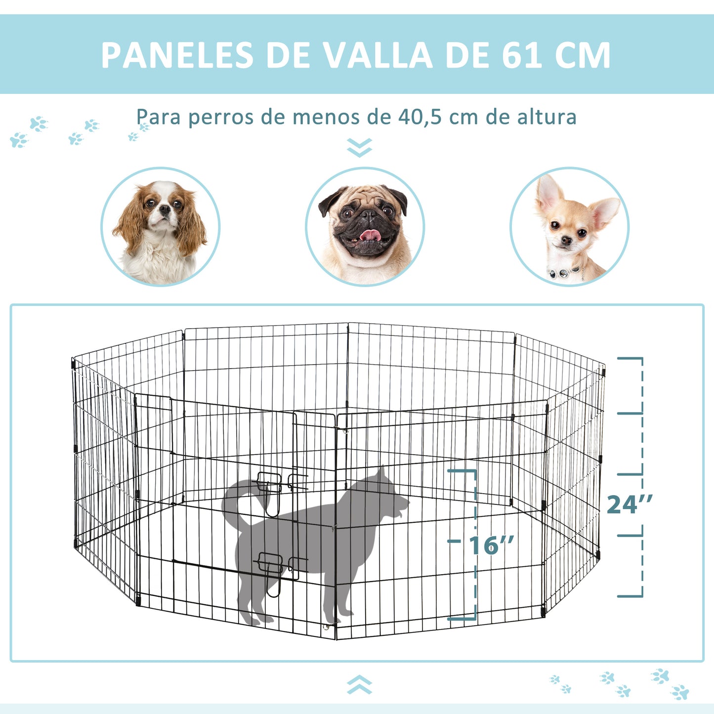 PawHut Parque de Juegos para Perros 8 Paneles 61x61 cm Plegables Jaula Metálica para Mascotas con Puerta y Doble Cerradura para Jardín Patio Exterior Negro