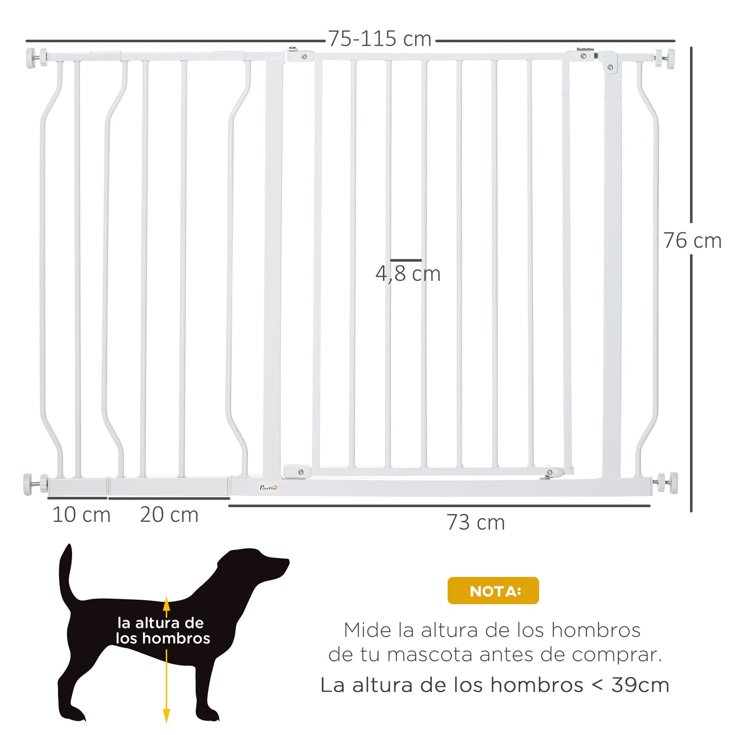 PawHut Barrera de Seguridad de Perros Extensible para Escaleras y Puertas 75-115 cm con Extensiones Montaje a Presión Acero Altura 76 cm Blanco