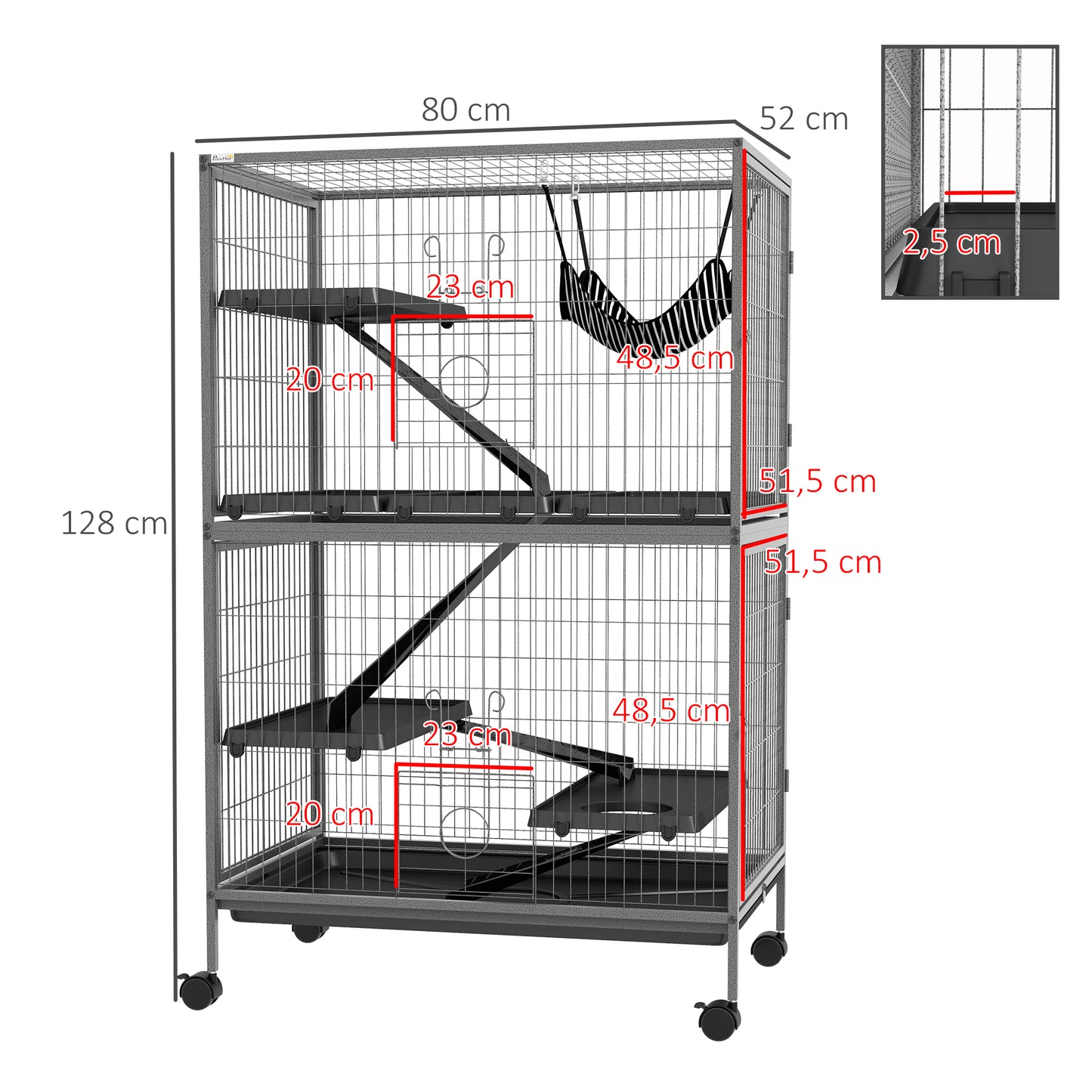 PawHut Jaula para Animales Pequeños de 4 Niveles Parque para Mascotas con Ruedas Rampas Hamaca Colgante y Bandeja Extraíble Recinto para Conejos Chinchillas Hurones 80x52x128 cm Gris