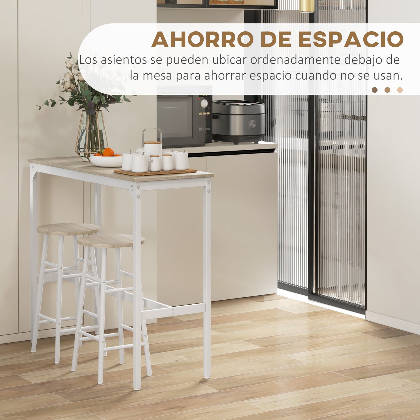 HOMCOM Conjunto de Mesa Alta de Bar con 2 Taburetes Mesa Alta de Cocina con Taburetes Marco de Acero Estilo Industrial Mesa Alta para Comedor Natural y Blanco