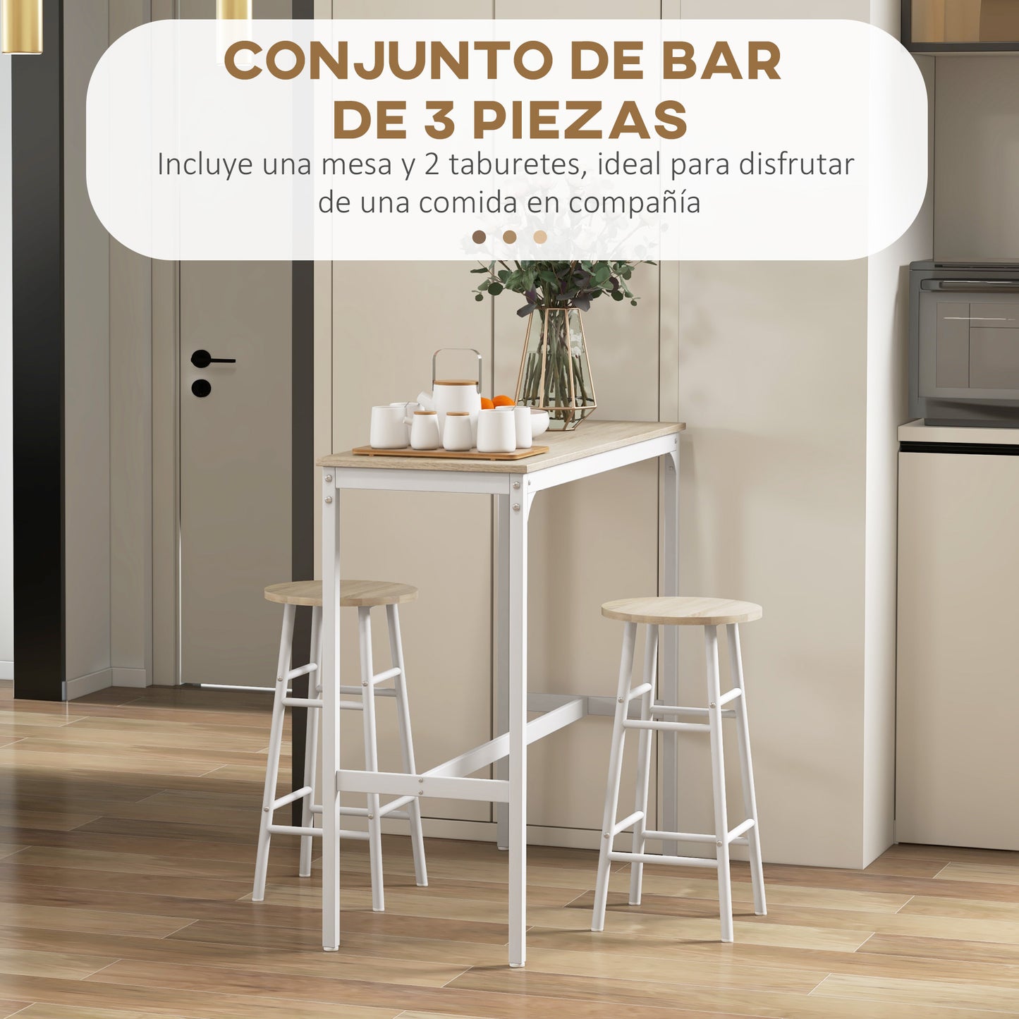 HOMCOM Conjunto de Mesa Alta de Bar con 2 Taburetes Mesa Alta de Cocina con Taburetes Marco de Acero Estilo Industrial Mesa Alta para Comedor Natural y Blanco