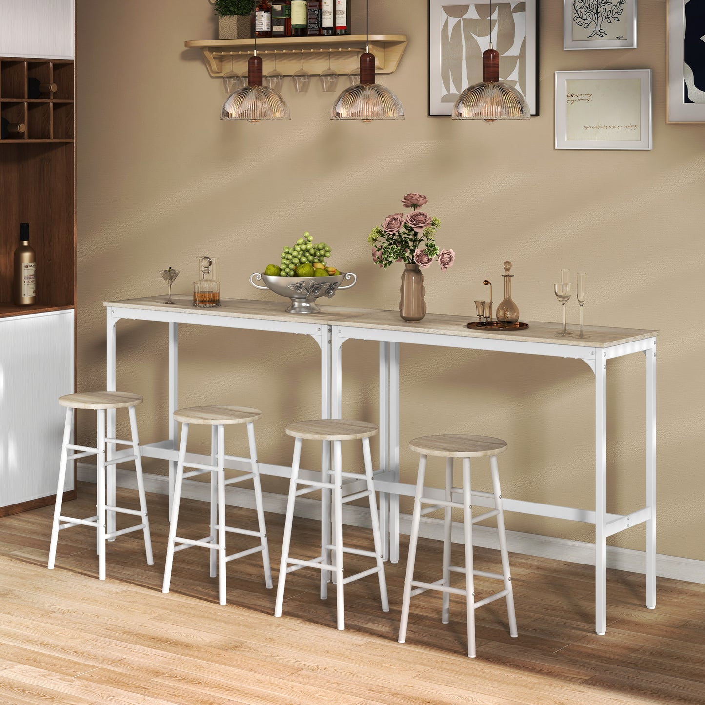 HOMCOM Conjunto de Mesa Alta de Bar con 2 Taburetes Mesa Alta de Cocina con Taburetes Marco de Acero Estilo Industrial Mesa Alta para Comedor Natural y Blanco