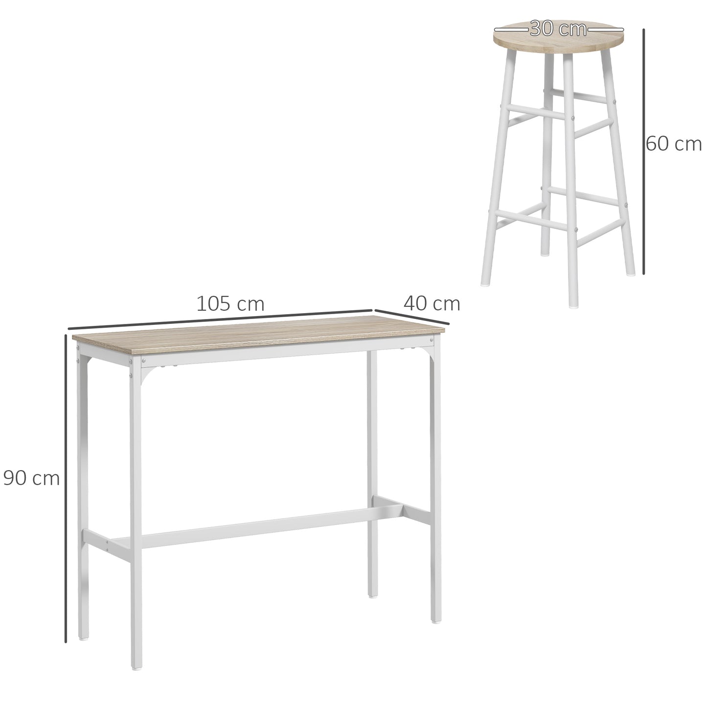 HOMCOM Conjunto de Mesa Alta de Bar con 2 Taburetes Mesa Alta de Cocina con Taburetes Marco de Acero Estilo Industrial Mesa Alta para Comedor Natural y Blanco