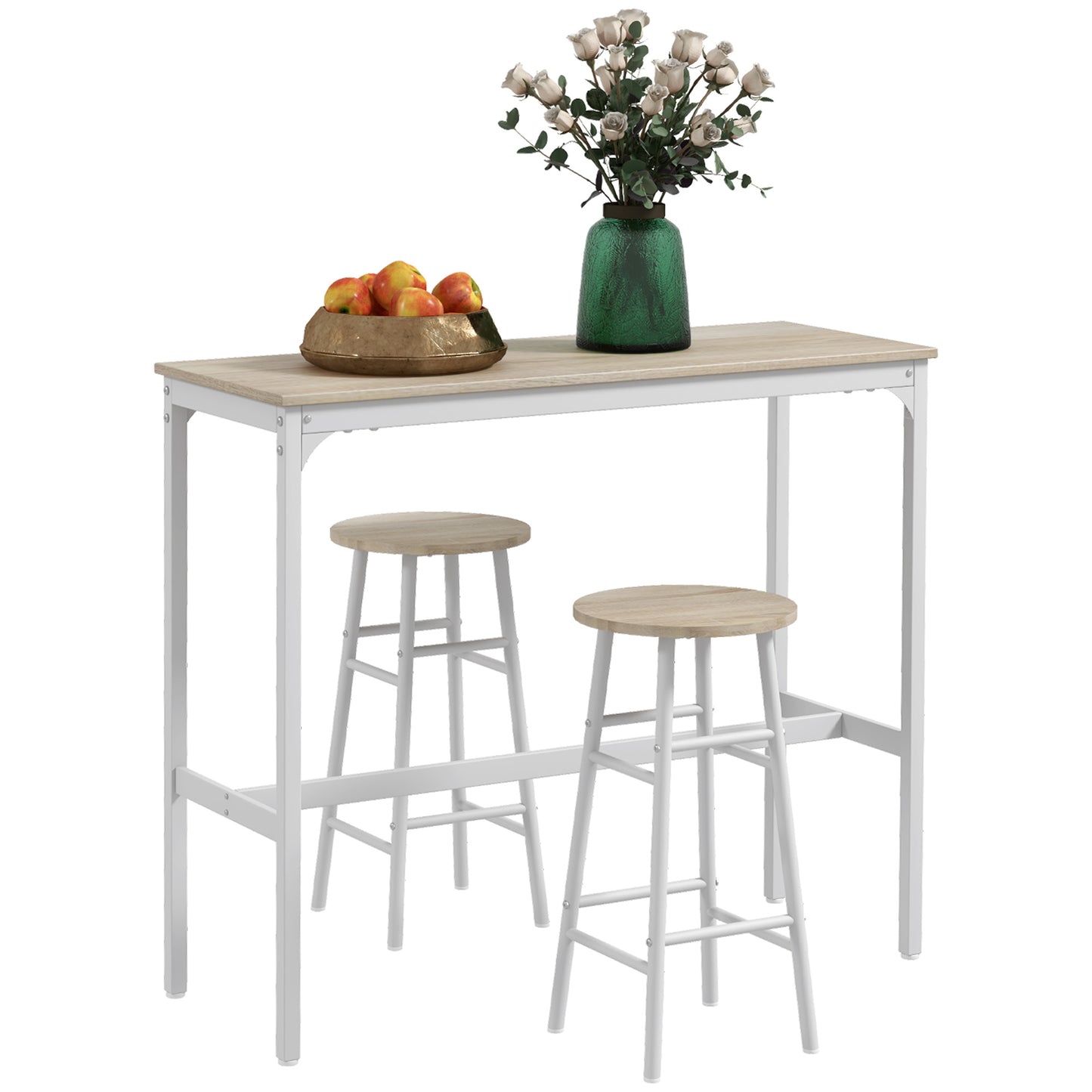 HOMCOM Conjunto de Mesa Alta de Bar con 2 Taburetes Mesa Alta de Cocina con Taburetes Marco de Acero Estilo Industrial Mesa Alta para Comedor Natural y Blanco