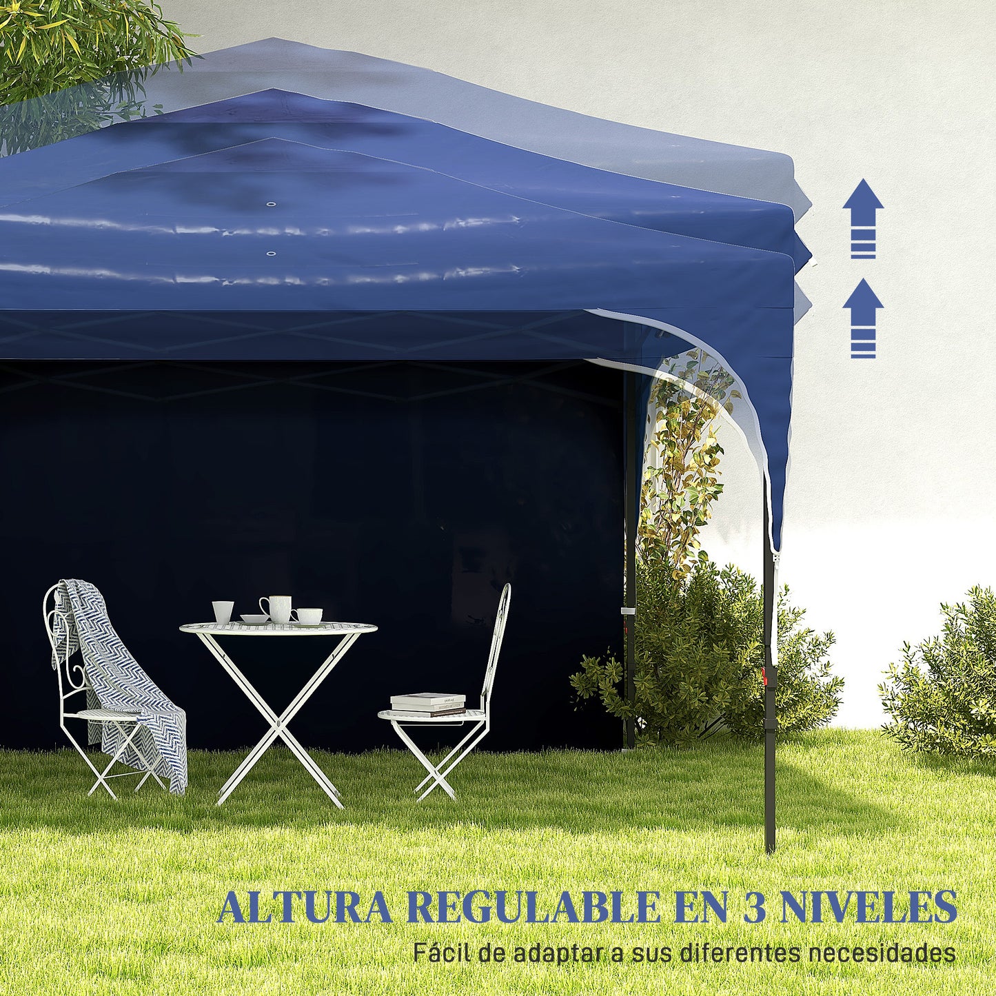 Outsunny Carpa Plegable 3x3 m Cenador de Jardín con Altura Ajustable 1 Pared Lateral Impermeable 4 Bolsas de Arena y Bolsa de Transporte Gazebo para Exterior Patio Fiestas Azul