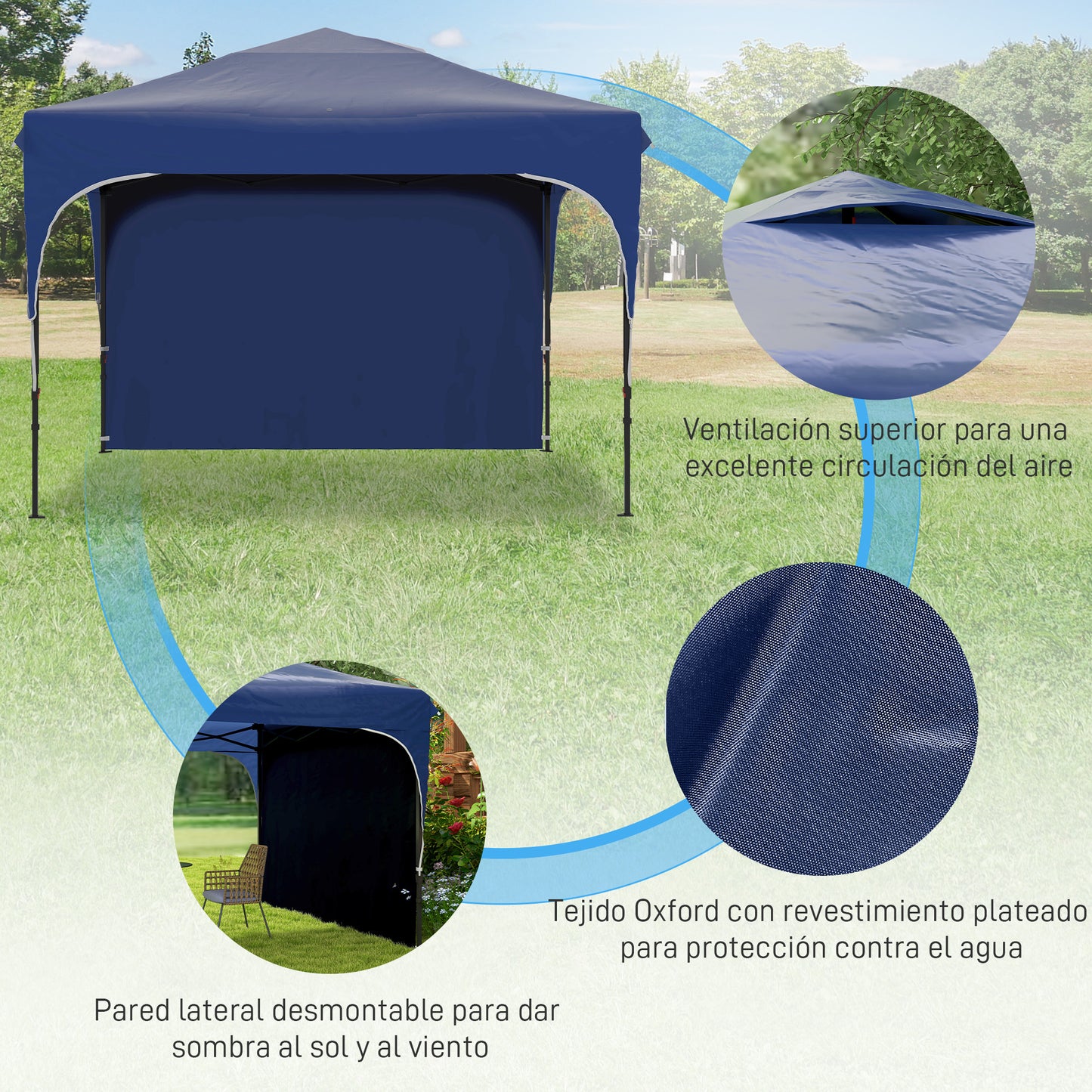 Outsunny Carpa Plegable 3x3 m Cenador de Jardín con Altura Ajustable 1 Pared Lateral Impermeable 4 Bolsas de Arena y Bolsa de Transporte Gazebo para Exterior Patio Fiestas Azul