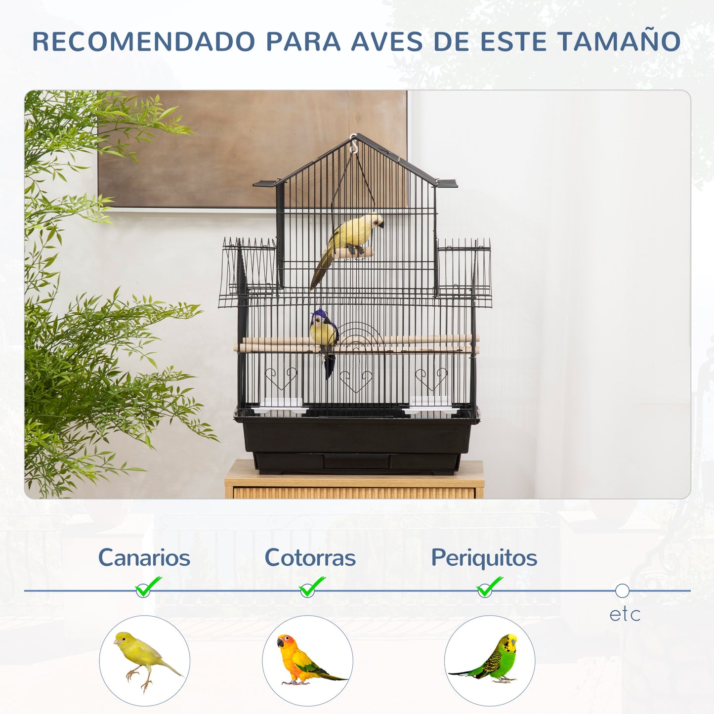 PawHut Jaula para Pájaros 50,5x41x63 cm Pajarera Metálica con 5 Puertas 2 Comederos 2 Perchas Columpio Bandeja Extraíble y Asa de Transporte para Canarios Periquitos Negro