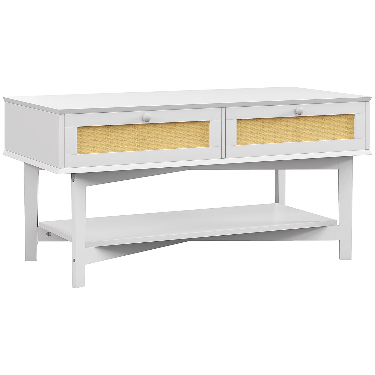 HOMCOM Mesa de Centro Blanca Mesa Baja con 2 Cajones Decorativos de Ratán y Estante de Almacenamiento para Sala de Estar Carga 50 kg 100x50x50 cm