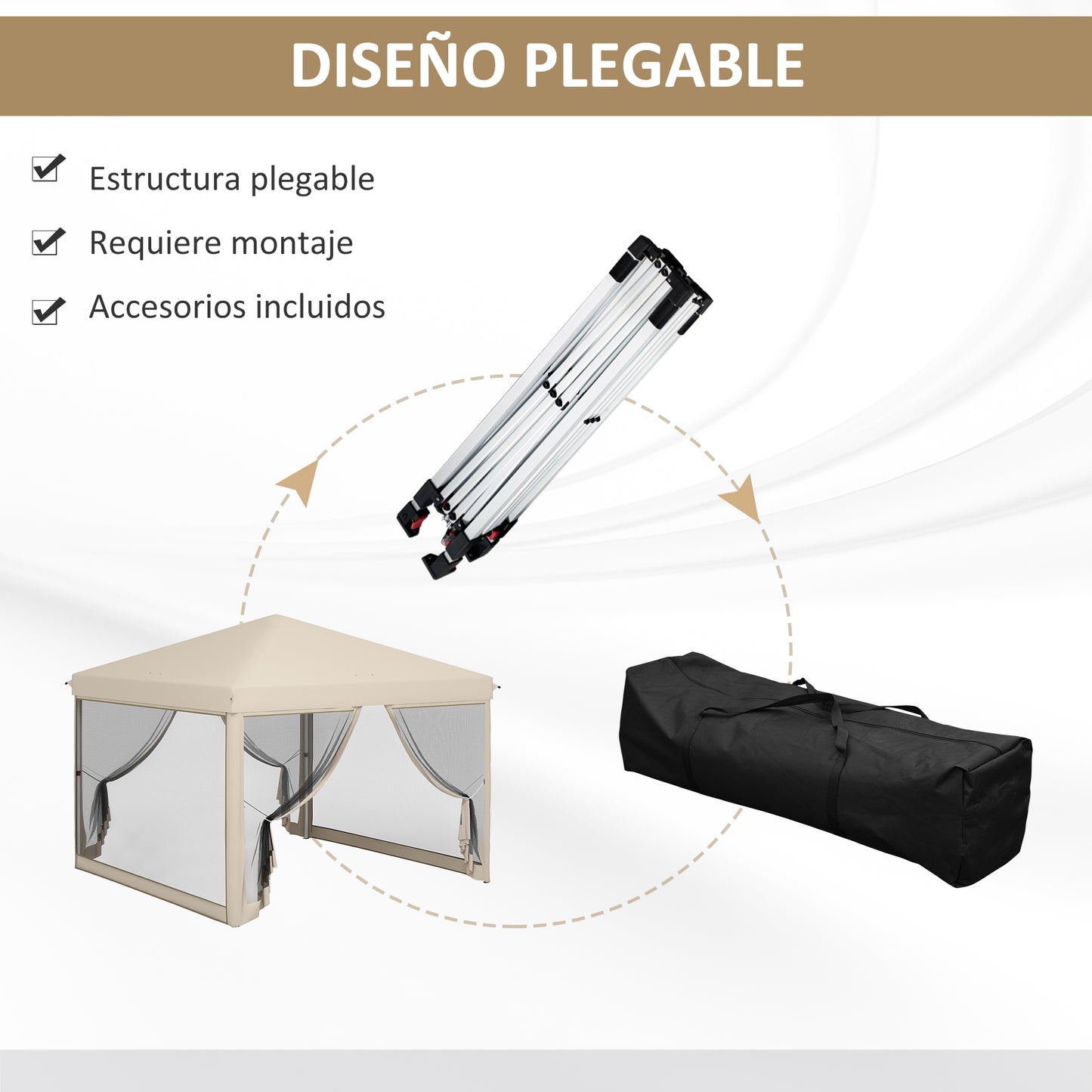 Outsunny Carpa Plegable 3x3 para Exterior Cenador de Jardín Portátil con Mosquiteras Bolsa de Transporte Marco de Acero y Tela Oxford Resistente para Fiestas Camping Beige