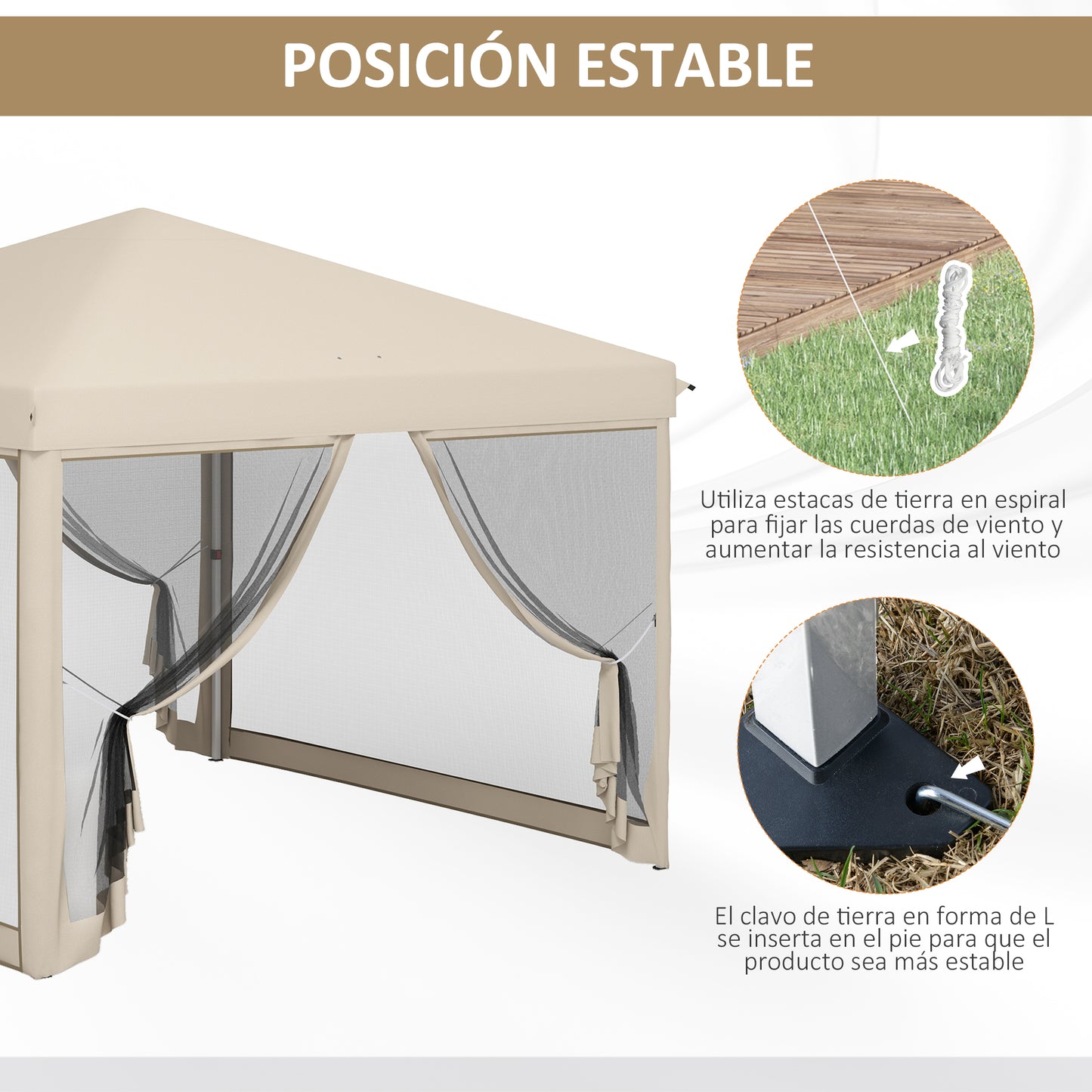 Outsunny Carpa Plegable 3x3 para Exterior Cenador de Jardín Portátil con Mosquiteras Bolsa de Transporte Marco de Acero y Tela Oxford Resistente para Fiestas Camping Beige