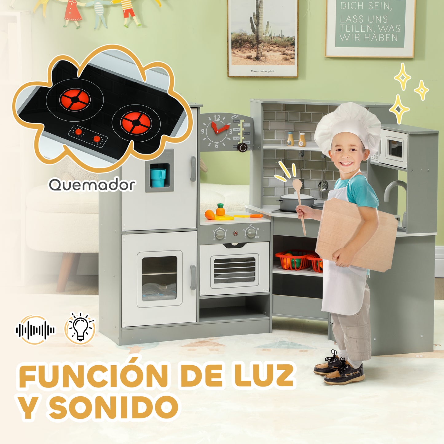 AIYAPLAY Cocina de Juguete para Niños +3 Años Cocina de Madera Infantil Cocinita Infantil con Sonido Fogón Horno Grifo Fregadero Microondas Lavadora Máquina de Hielo y Accesorios de Cocina Gris