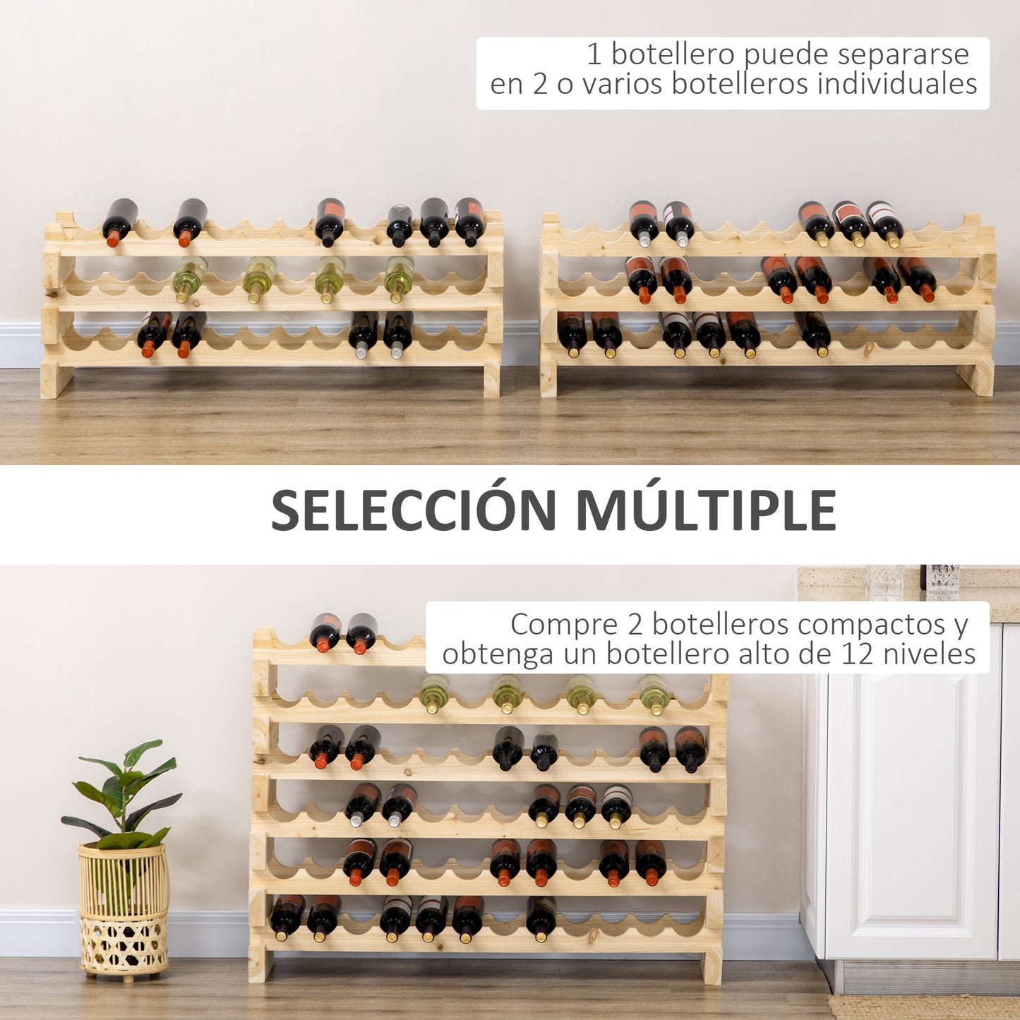 HOMCOM Botellero Vino 72 Botellas Botellero de Madera de 6 Niveles Botellero Vertical Carga 100 kg para Cocina Comedor Bar 114x28x85 cm Madera Natural