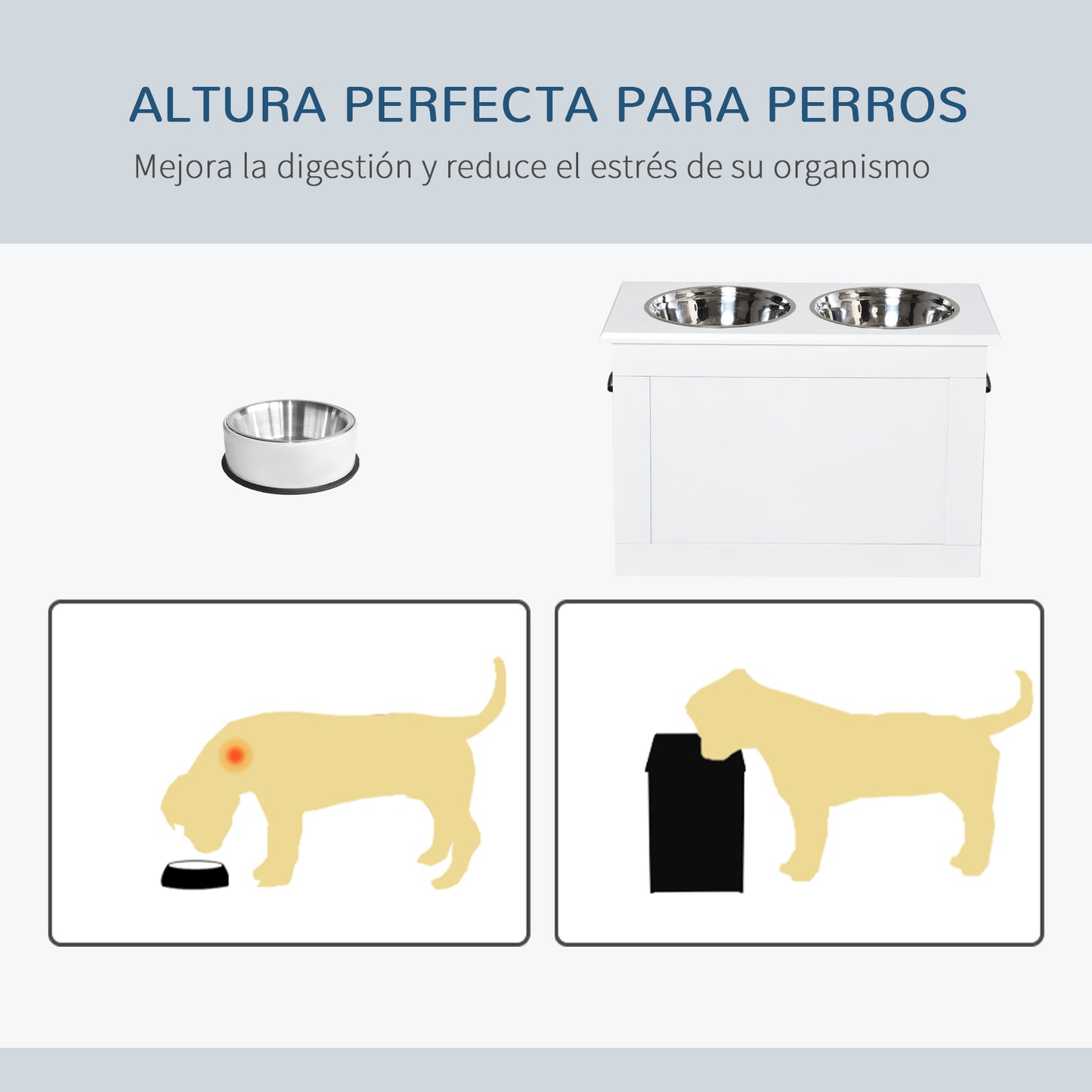 PawHut Comedero Elevado para Perros Cuencos para Perros con 2 Tazones de Acero Inoxidable y Espacio de Almacenaje Oculto 60x30x41 cm Blanco