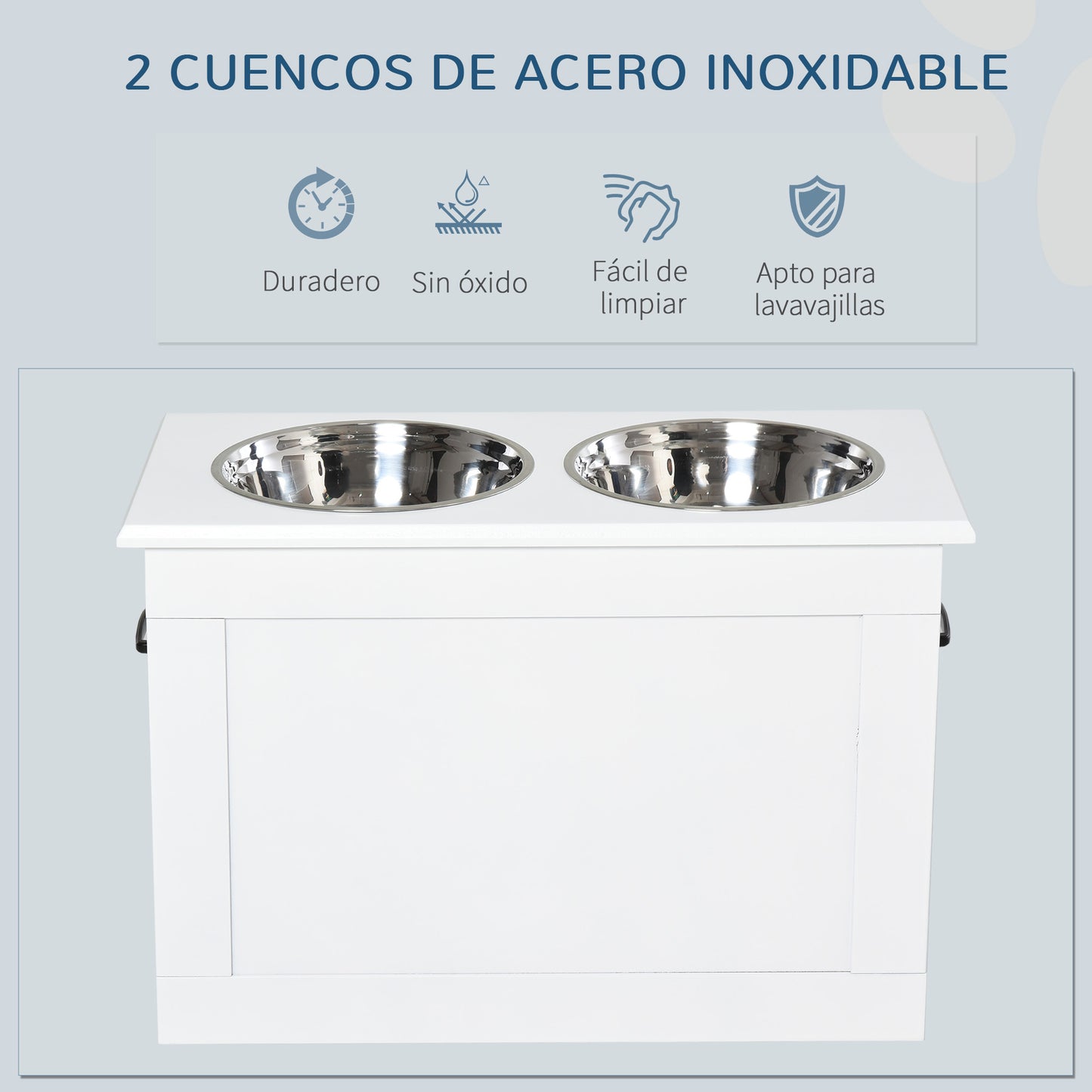 PawHut Comedero Elevado para Perros Cuencos para Perros con 2 Tazones de Acero Inoxidable y Espacio de Almacenaje Oculto 60x30x41 cm Blanco