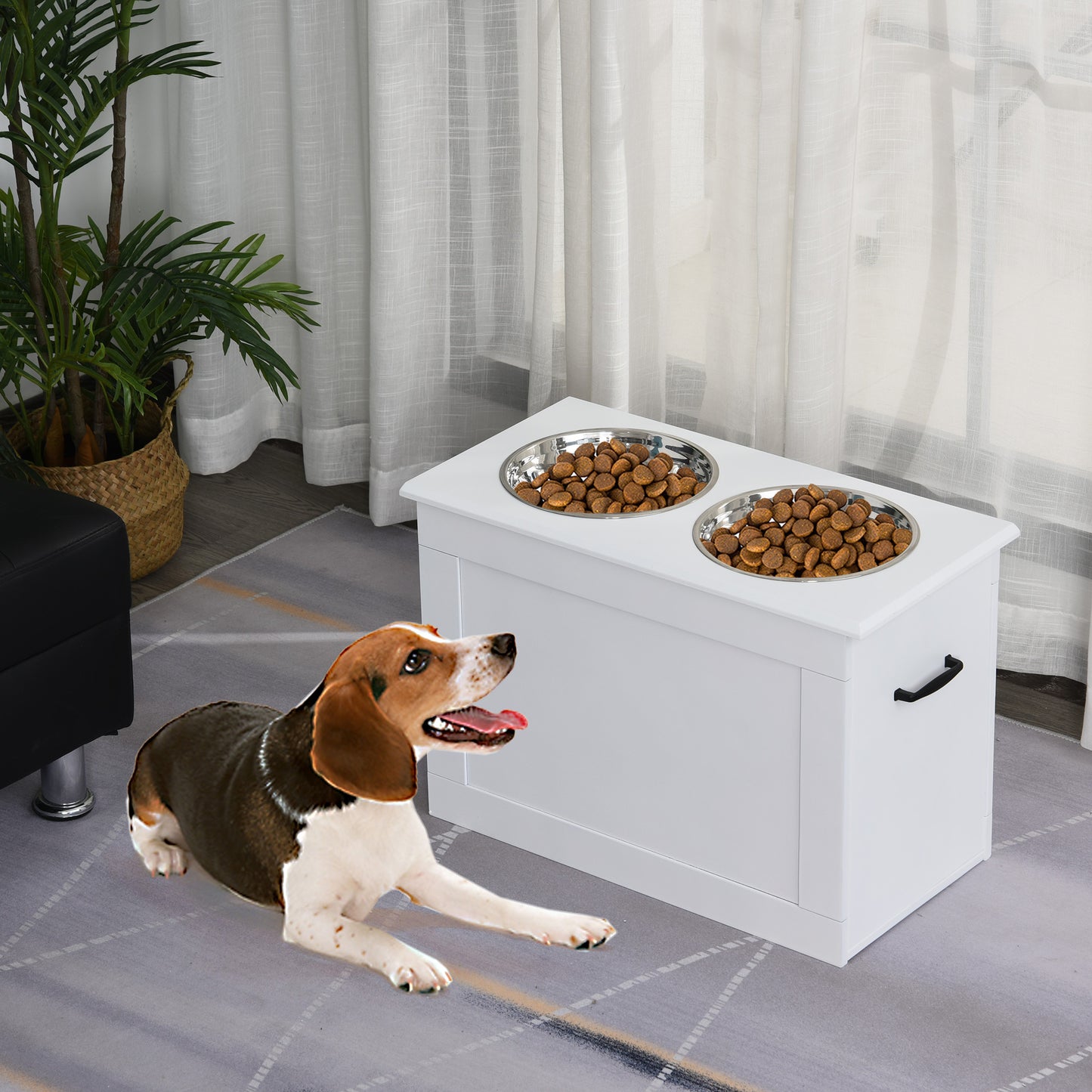 PawHut Comedero Elevado para Perros Cuencos para Perros con 2 Tazones de Acero Inoxidable y Espacio de Almacenaje Oculto 60x30x41 cm Blanco