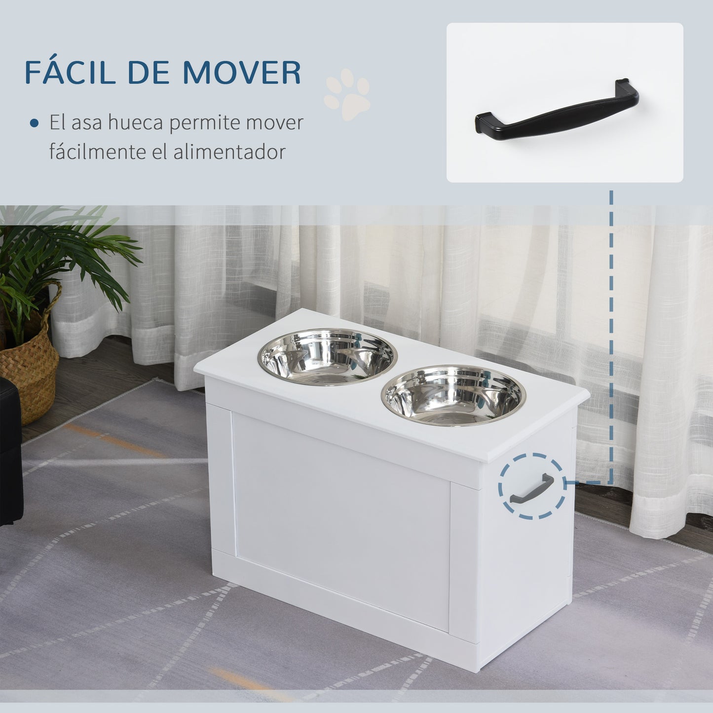 PawHut Comedero Elevado para Perros Cuencos para Perros con 2 Tazones de Acero Inoxidable y Espacio de Almacenaje Oculto 60x30x41 cm Blanco