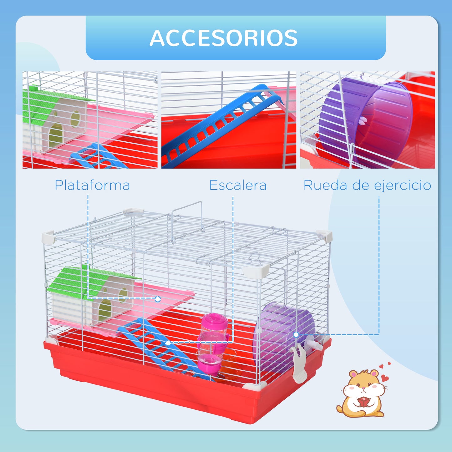 PawHut Jaula para Hámster Casa para Hámster 47x30x27 cm con 1 Piso Comedero Bebedero Rampa Rueda de Ejercicio para Animales Pequeños Blanco y Rojo